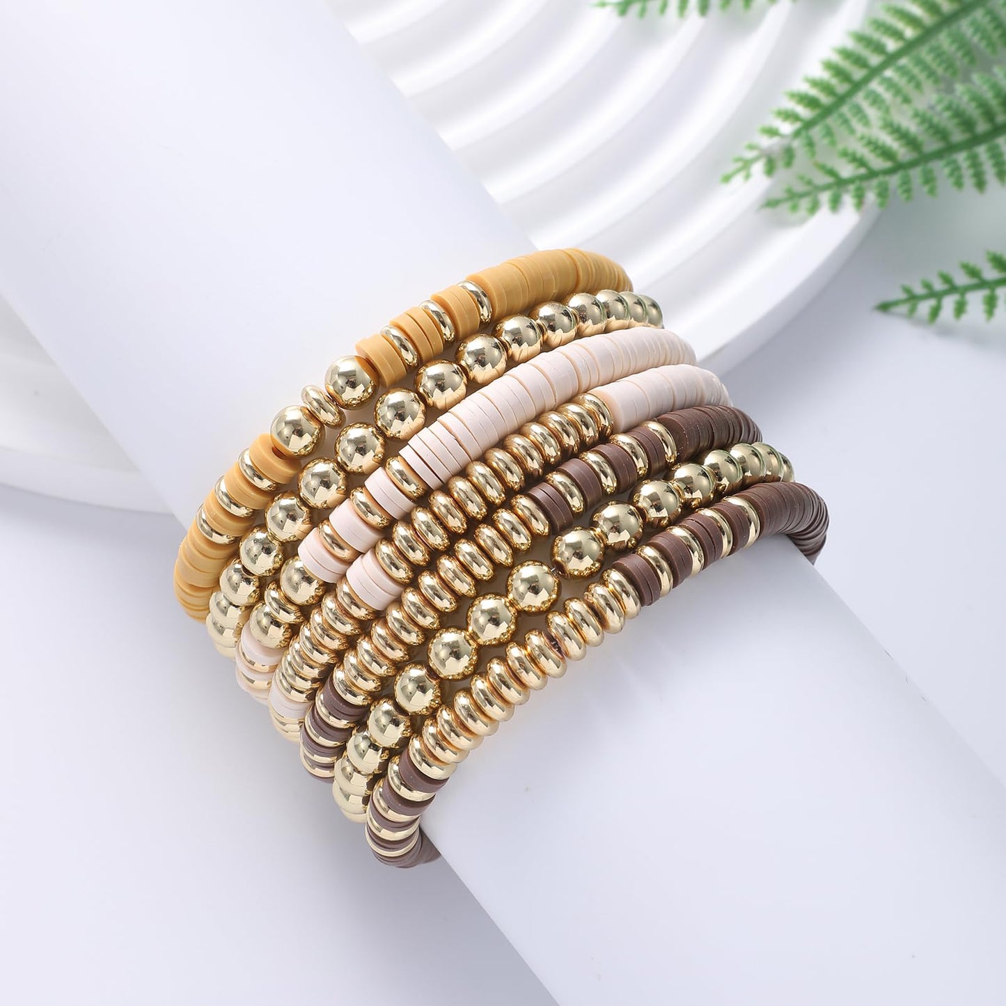 GOOJIDS Surfer Heishi Clay Bead Bracelets for Women Bohemian Stackable Gold Plated Beaded Stretch Bracelets Elastic Layering Friendship Bracelets Set Boho Jewelry