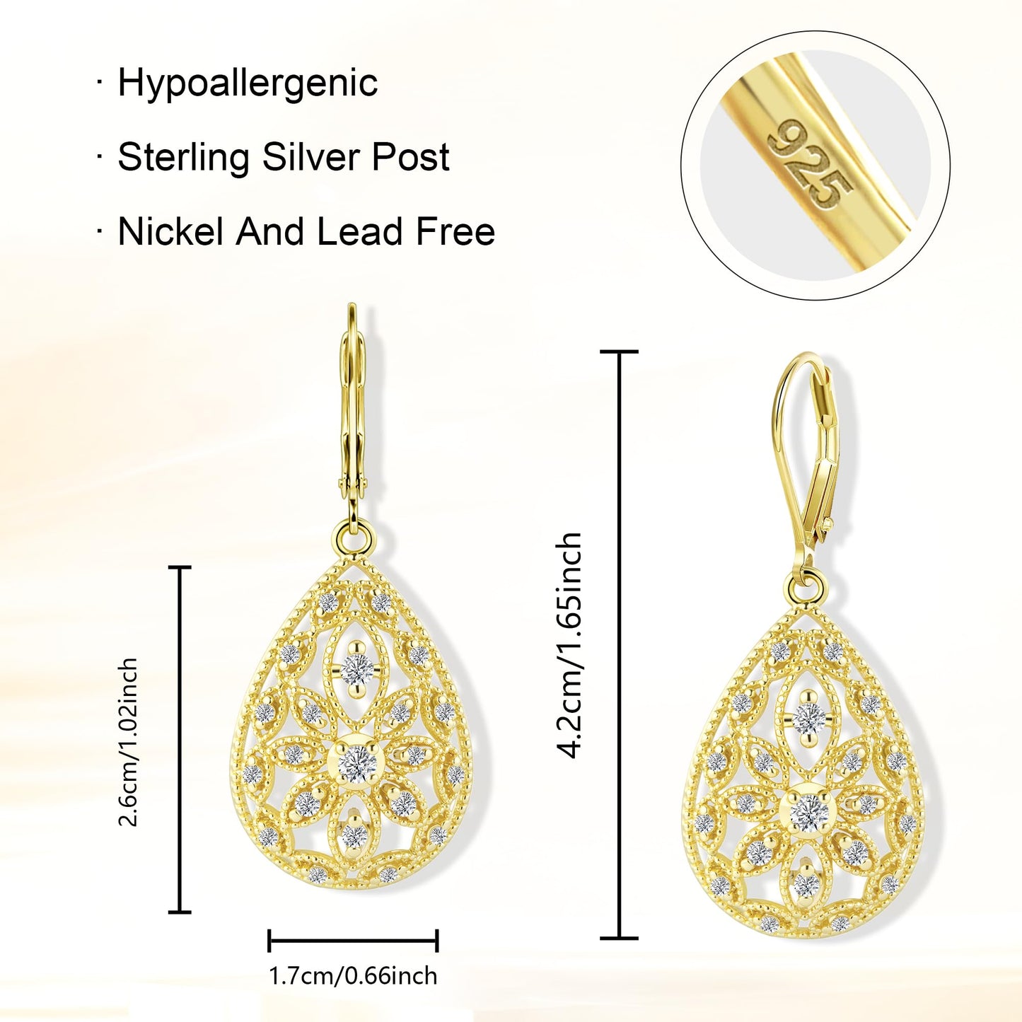 14K Gold Earrings for Women Trendy Filigree Teardrop Dangle Earrings Gold Hypoallergenic Leverback Cubic Zirconia Drop Earring for Jewelry Gifts