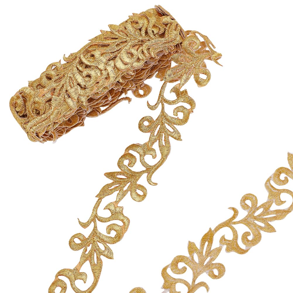 NBEADS About 4.15 Yards(3.8m) Gold Embroidery Polyester Ribbons, 1.38" Wide Metallic Lace Trim Iron on Metallic Flower Lace for Sewing Costumes Gowns Home Decor Garment Accessories