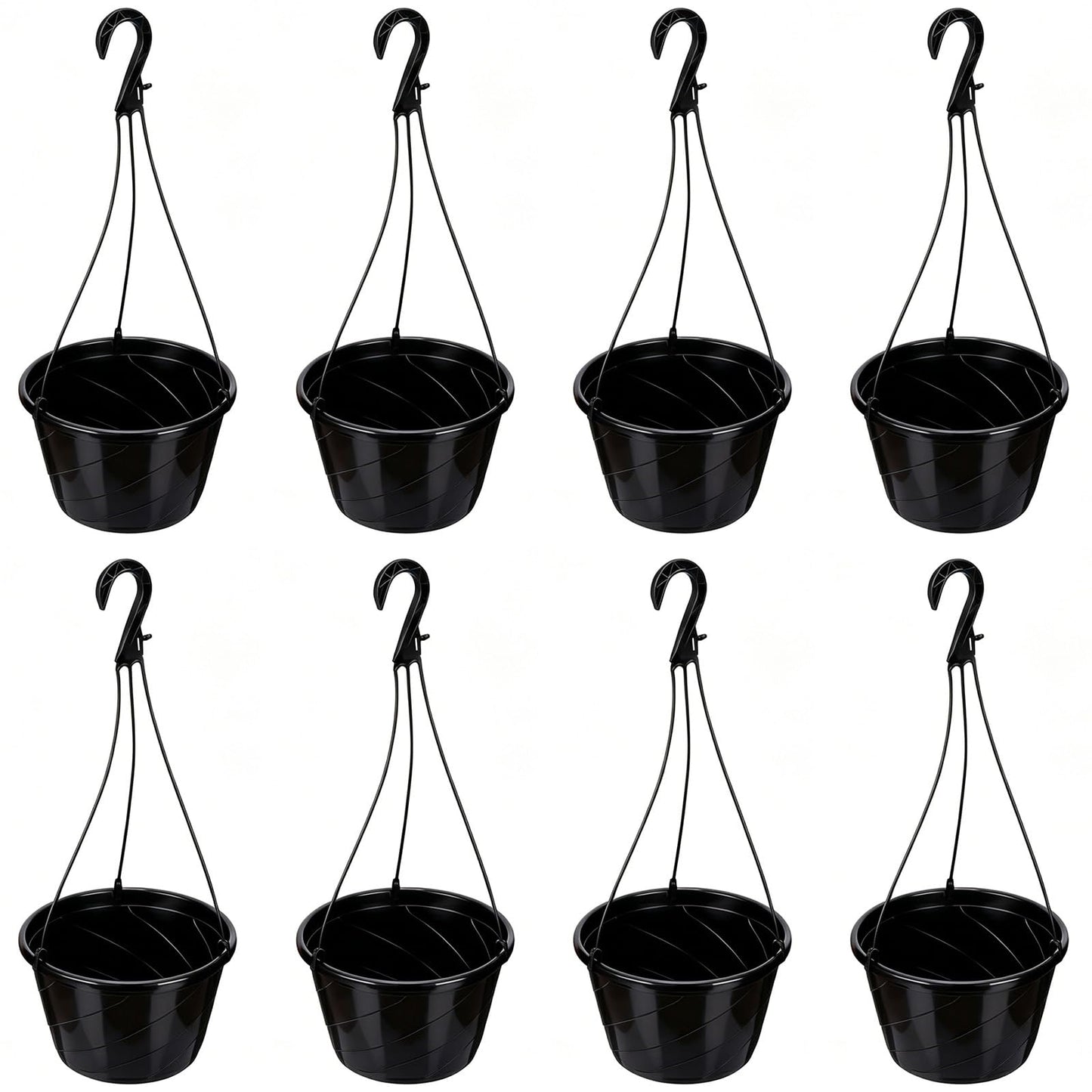 Romooa 8 Pcs 10 Inch Modern Euro Swirl Hanging Planter Uv-Resistant Plastic Hanging Basket Smart Drainage Lightweight Indoor Outdoor Flower Pots for Garden Porch Balcony Patio Home Decor (Black)