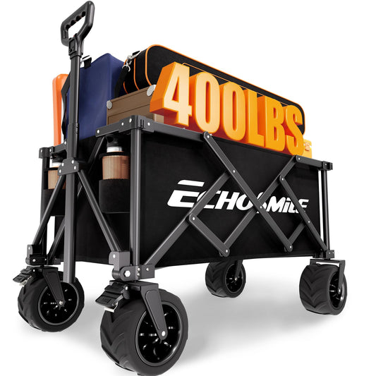 EchoSmile Collapsible Folding Wagon Cart with Compact Storage - 400Lbs Capacity All Terrain Utility Cart for Camping, Beach, Grocery, Garden,Black