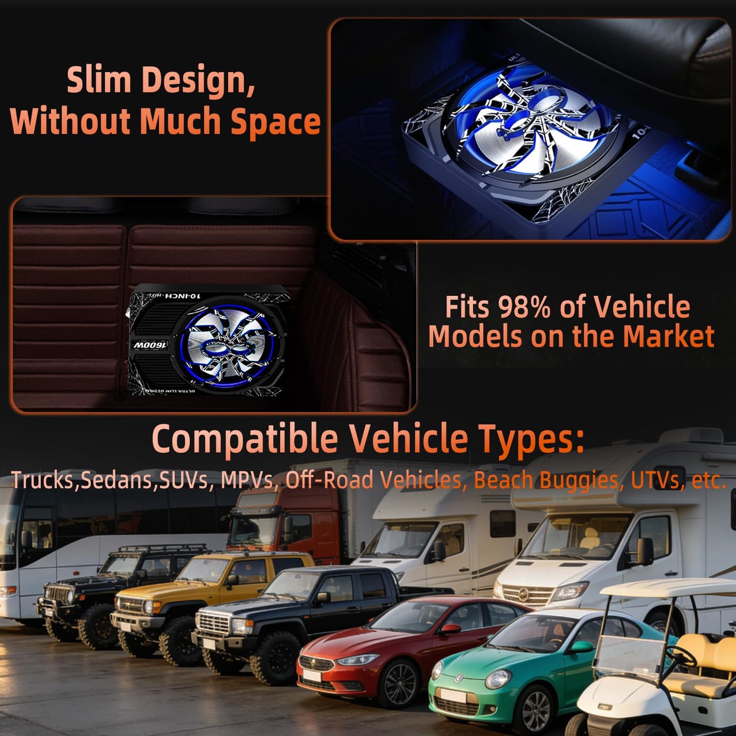 SCBPAUD 2026 Upgraded 1600W Slim Underseat Car Subwoofer and Amp Package, Powered Sub with Built-in Class D Amplifier, Blue LED Ambient Light, Deep bass, Under Seat Subwoofer for Car