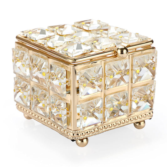 ELLDOO Crystal Jewelry Box Square Trinket Organizer with Lid Earrings Rings Vintage Treasure Keepsake Box for Valentine Wedding Dresser Bedroom Decoration,Gold