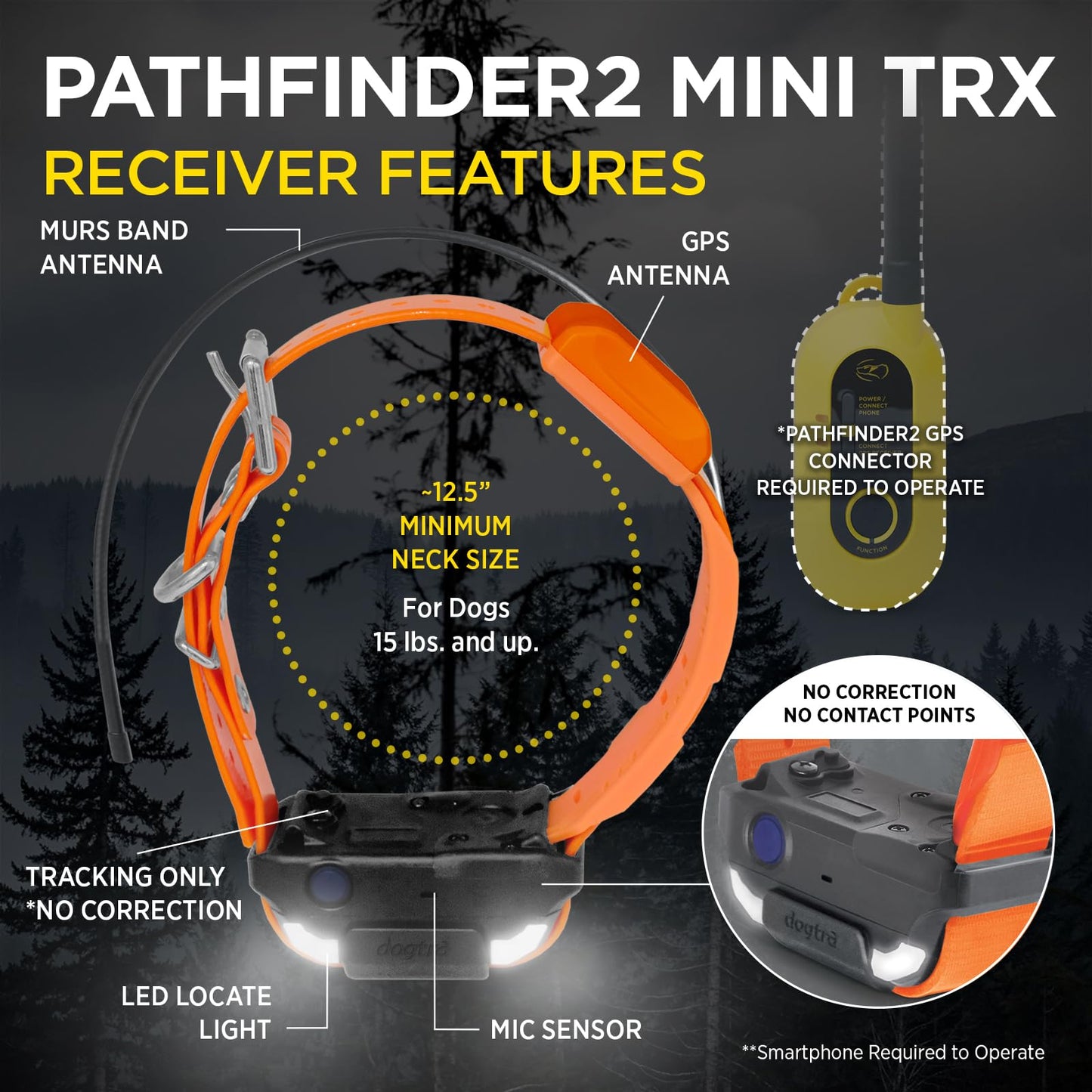 Dogtra Pathfinder 2 Mini TRX Additional Receiver Dog GPS Tracker LED Light Orange Collar SmartWatch Compatible Rechargeable Waterproof Free Offline Maps No Monthly Fee Smartphone Required