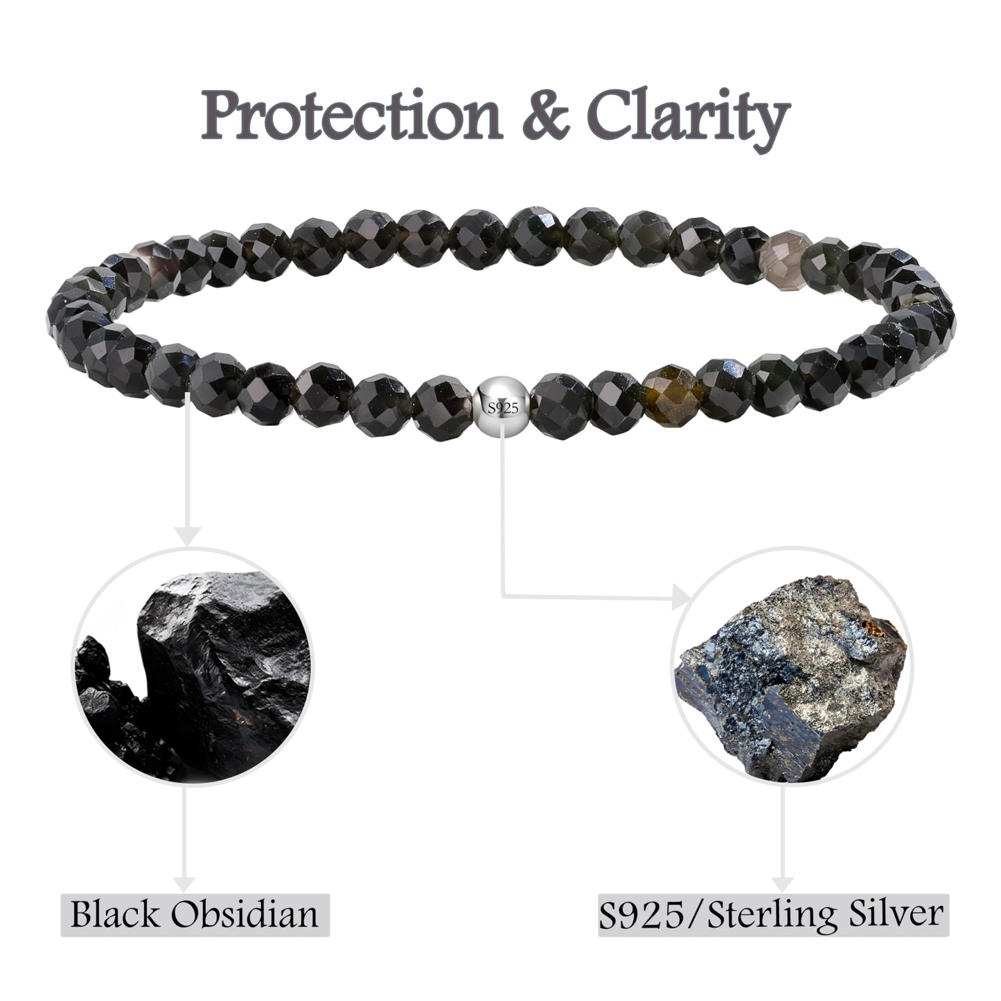 Farfume Black Obsidian - Protection & Clarity - Beaded Bracelets for Women,Handmade Natural Stone 4mm Beads 925 Sterling Silver Stretch Bracelets, Chakra Crystal Gemstone Jewelry Gifts for Mom