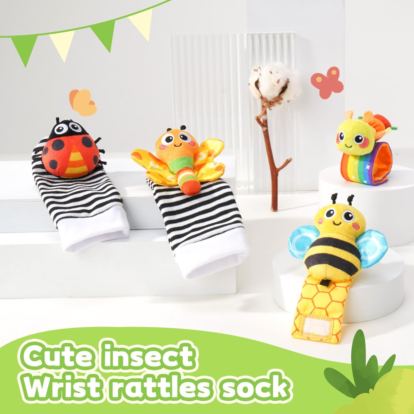 Baby rattles 0-6 Months, Cute Soft Newborn Wrist Rattle Foot Finder Socks Set,Infant Newborn Sensory Toy for 0 3 6 9 12 Months Boys Girls Gift (Insect)