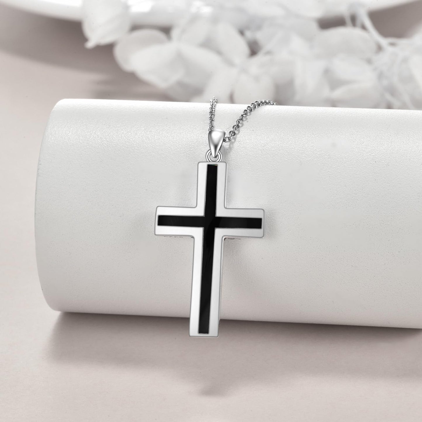 YFN Cross Necklace Sterling Silver Black Onyx Cross Pendant Religious Jewelry Gifts for Women Men