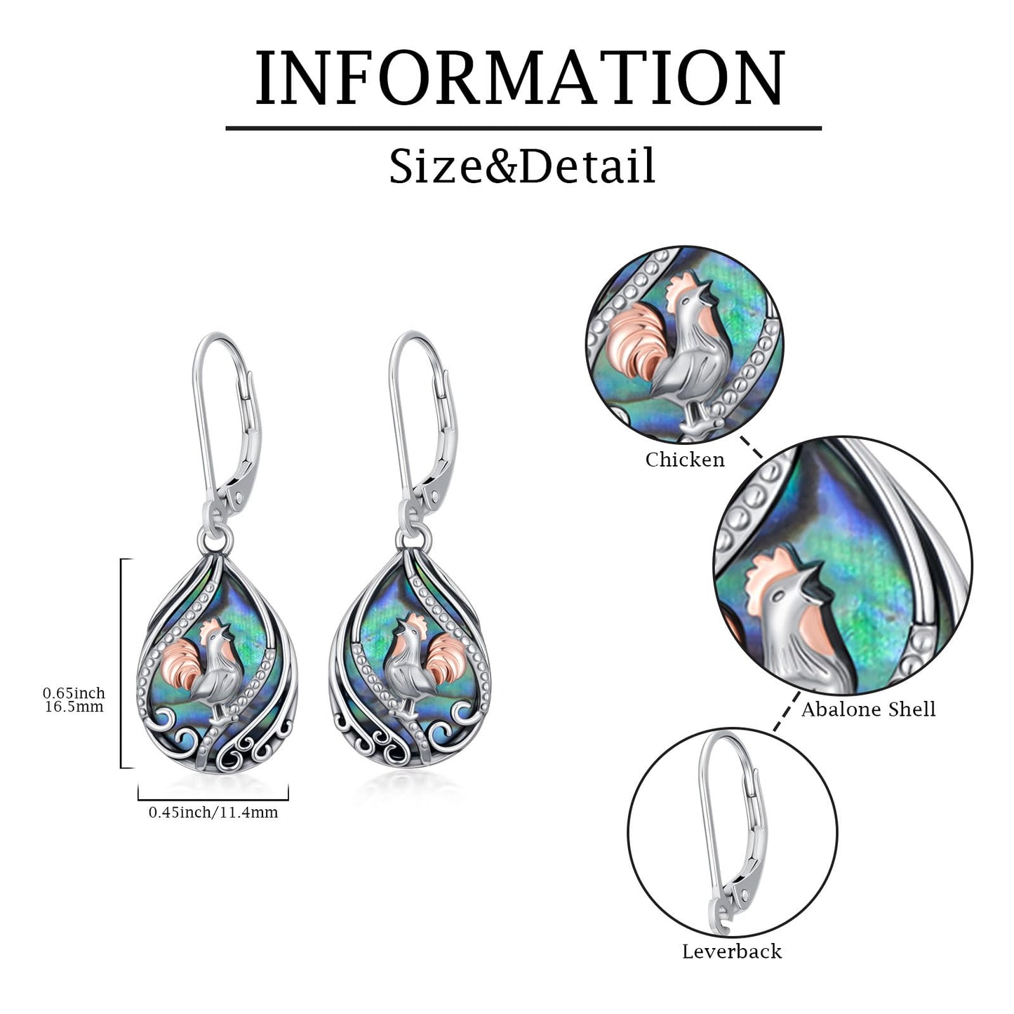YYmqmq Chicken Earrings for Women 925 Sterling Sliver Abalone Rooster Dangle Earrings Leverback Chicken Jewelry Turkey Thanksgiving Gifts for Women Girlfriend