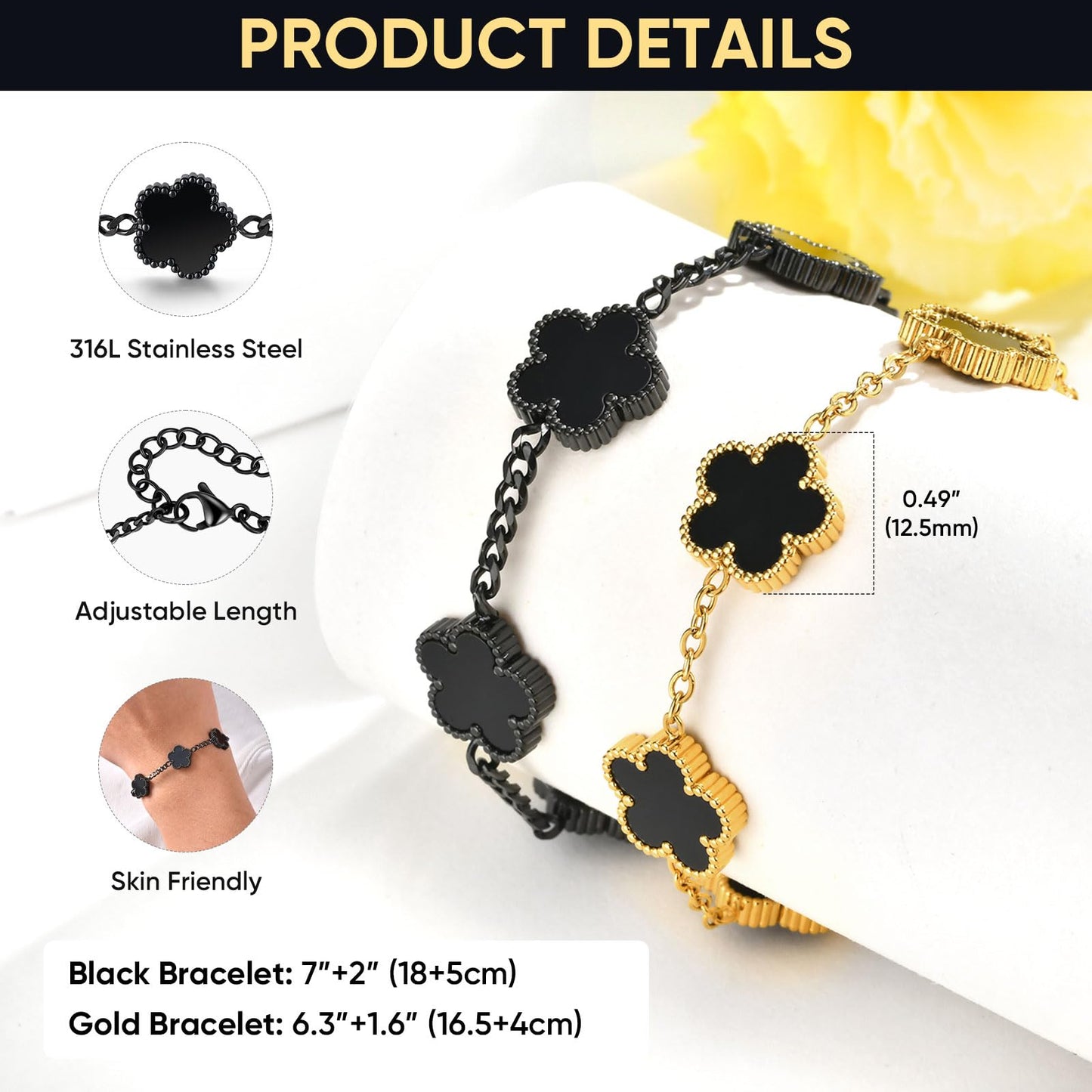 VNOX 2 PCS Floral Bracelets for Men Women -Womens Mens Stainless Steel Gold Cuban Chain Link Bracelet Lucky Charm Four Clover Flower Bracelets Trendy Jewelry Gifts，8