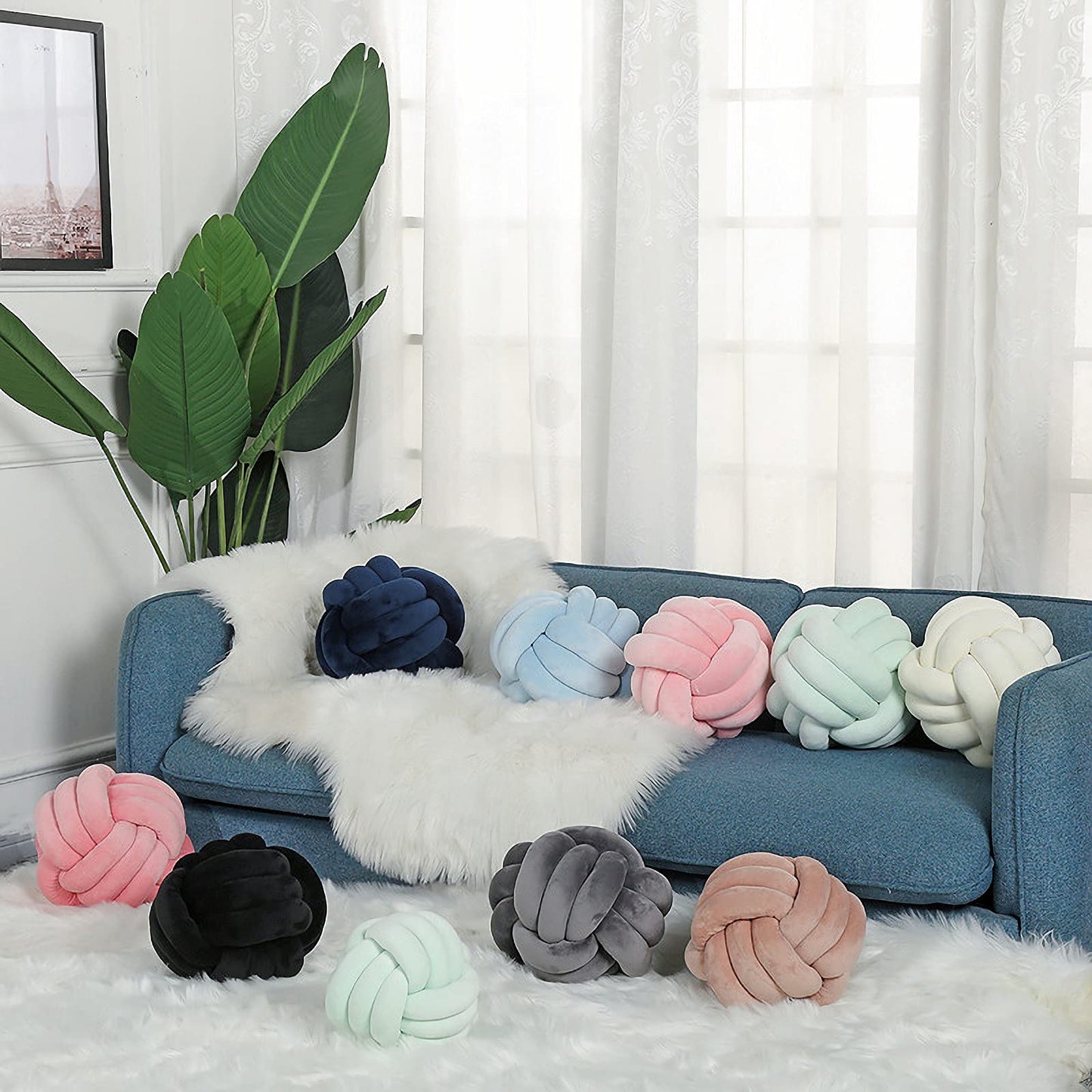 PUXU Knot Pillow Ball Round Cushion Pillows, Children Room Decoration Plush Toys Calming Stress Relief Toy (Dark Blue,11in/28cm)