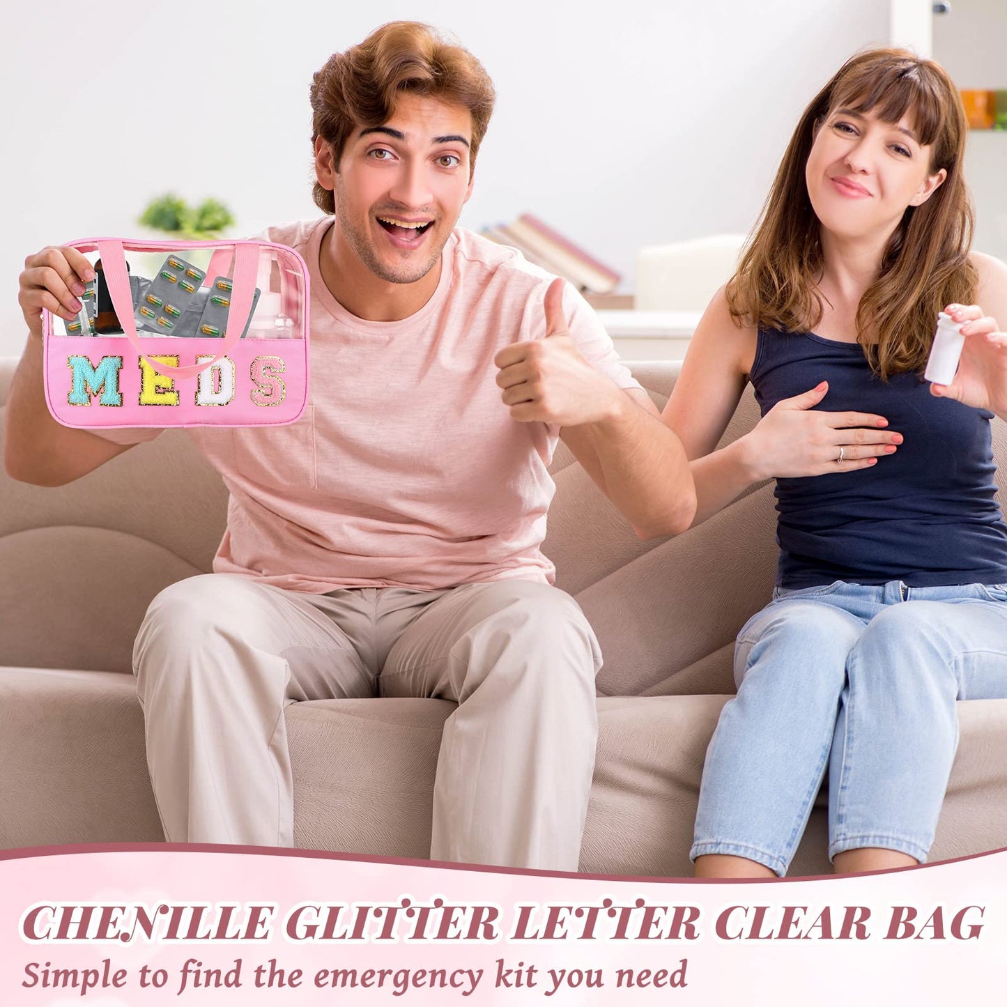 Silkfly Chenille Letter Medicine Meds Medical Bag Makeup First Aid Bag for Travel Preppy PVC Nylon Emergency Patch Cosmetic Toiletry Storage Pouch Waterproof with Handle Zipper for Women(Classic)