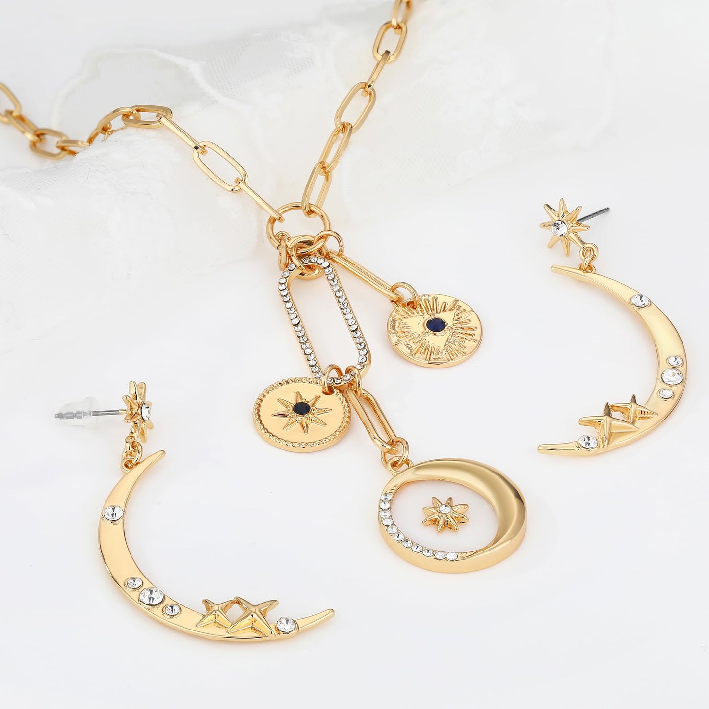 MISS RIGHT Charm Necklace for Women Star Moon Necklaces Earrings Jewelry Set, Crescent Moon Shell Charm Gold Paperclip Chain Necklace Moon Star Dangle Earrings Celestial Jewelry