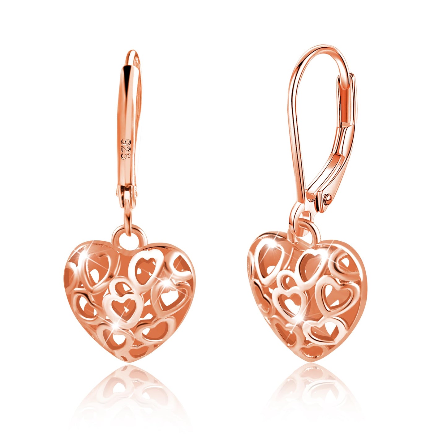 LANCHARMED 925 Sterling Silver Heart Dangle Drop Earrings for Women, Rose Gold Trendy French Style Silver Leverback Earrings Hypoallergenic Jewelry