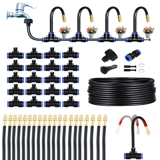 65Ft 12mm Greenhouse Drip Irrigation Kit Automatic Irrigation System 360° Adjustable 20 Brass Spray Nozzles Irrigation Tubing Hose Patio Misting Plant Watering with Blank Distribution Tubing Hose