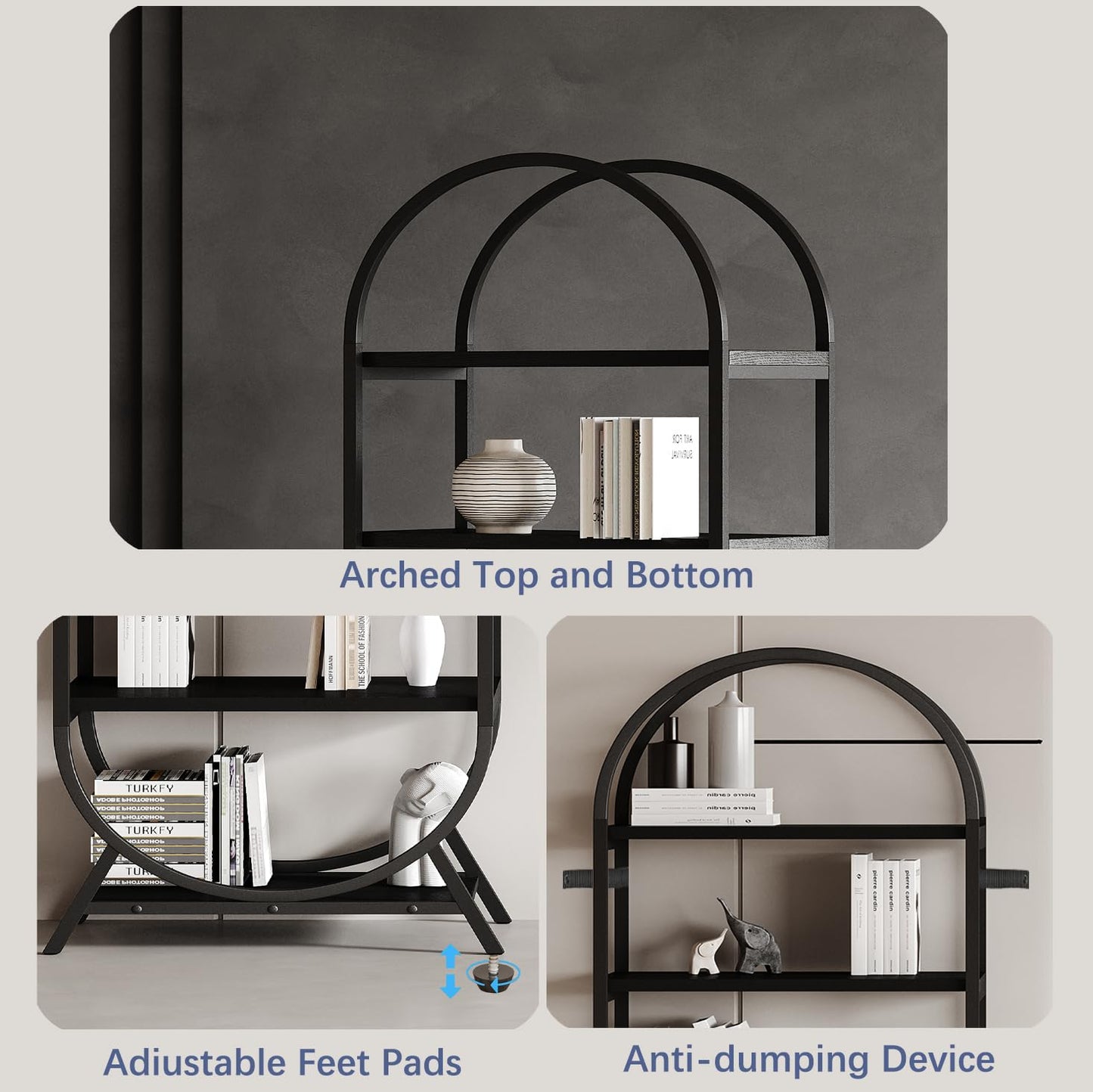 Kogven Bookshelf Arched Bookcase, Industrial 5 Tier Open Book Shelves with Metal Frame, 72" Tall Freestanding Display Rack for Home Office, Living Room, Black