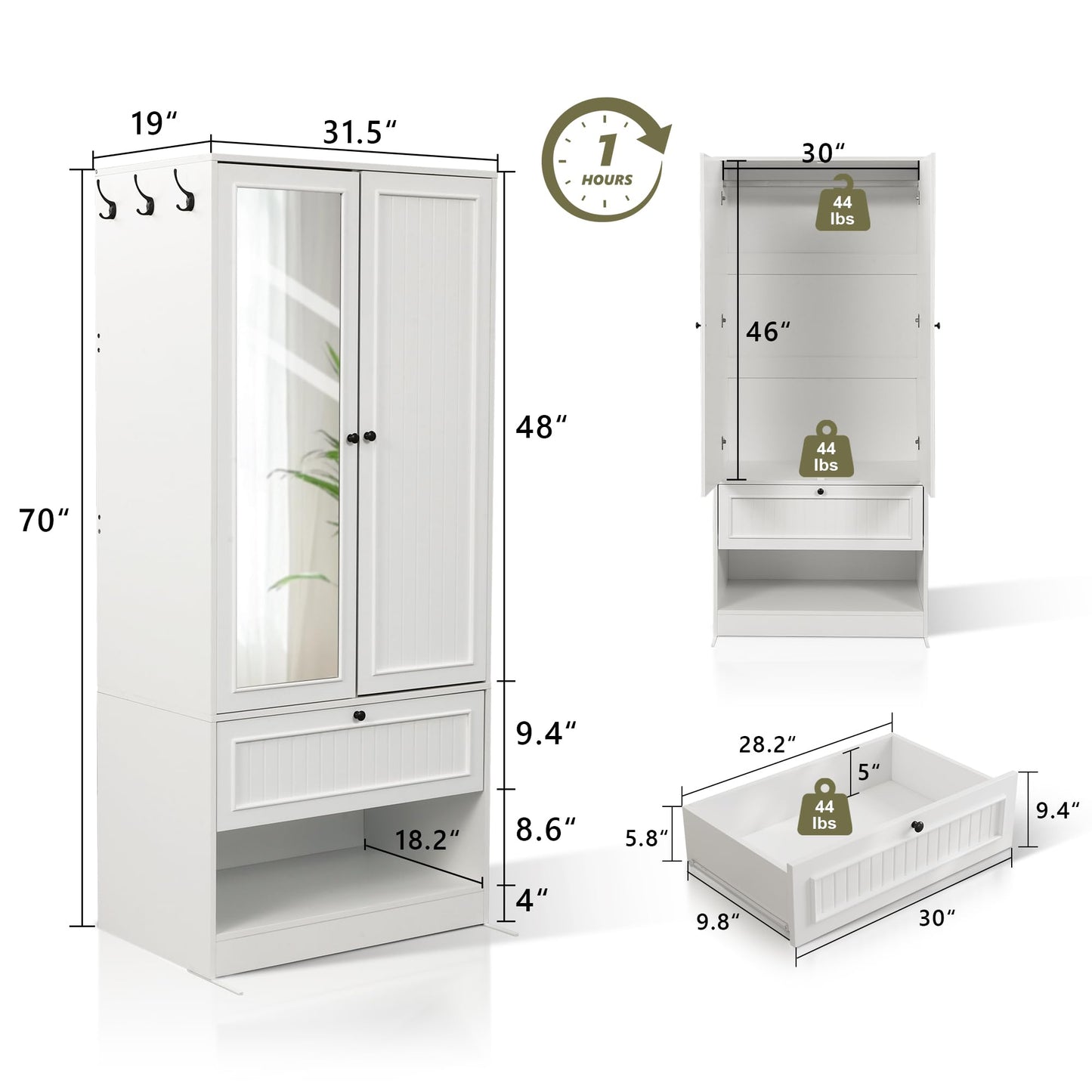 Feonase Armoire Wardrobe Cabinet with Mirror and Drawer, 70" 2-Door Wooden Closet Organizer for Bedroom Storage, White