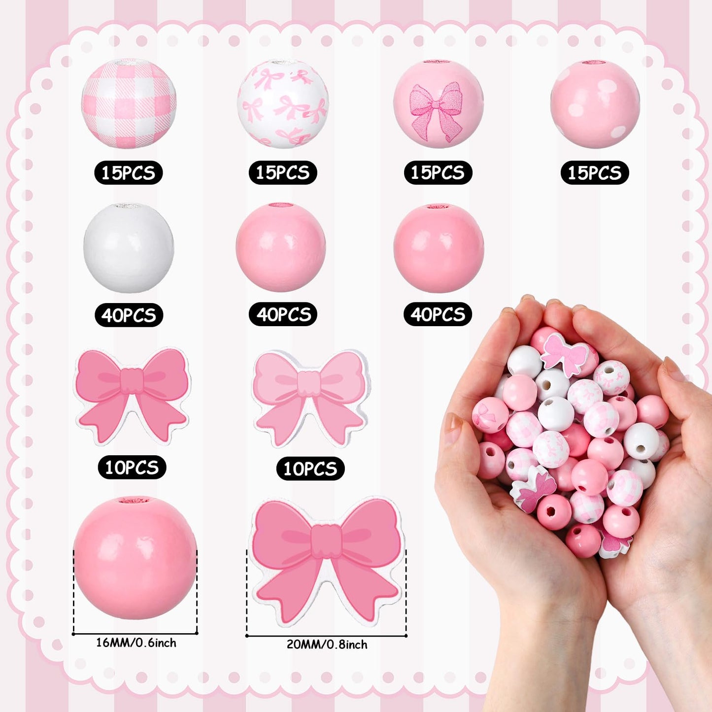FYSUIMU 200 Pcs Pink Bow Wooden Beads Pink White Round Spot Plaid Craft Bead Cute Bowknot Shaped Wood Focal Beads for Mother's Day Valentine's Day DIY Bracelet Necklace Making Supplies