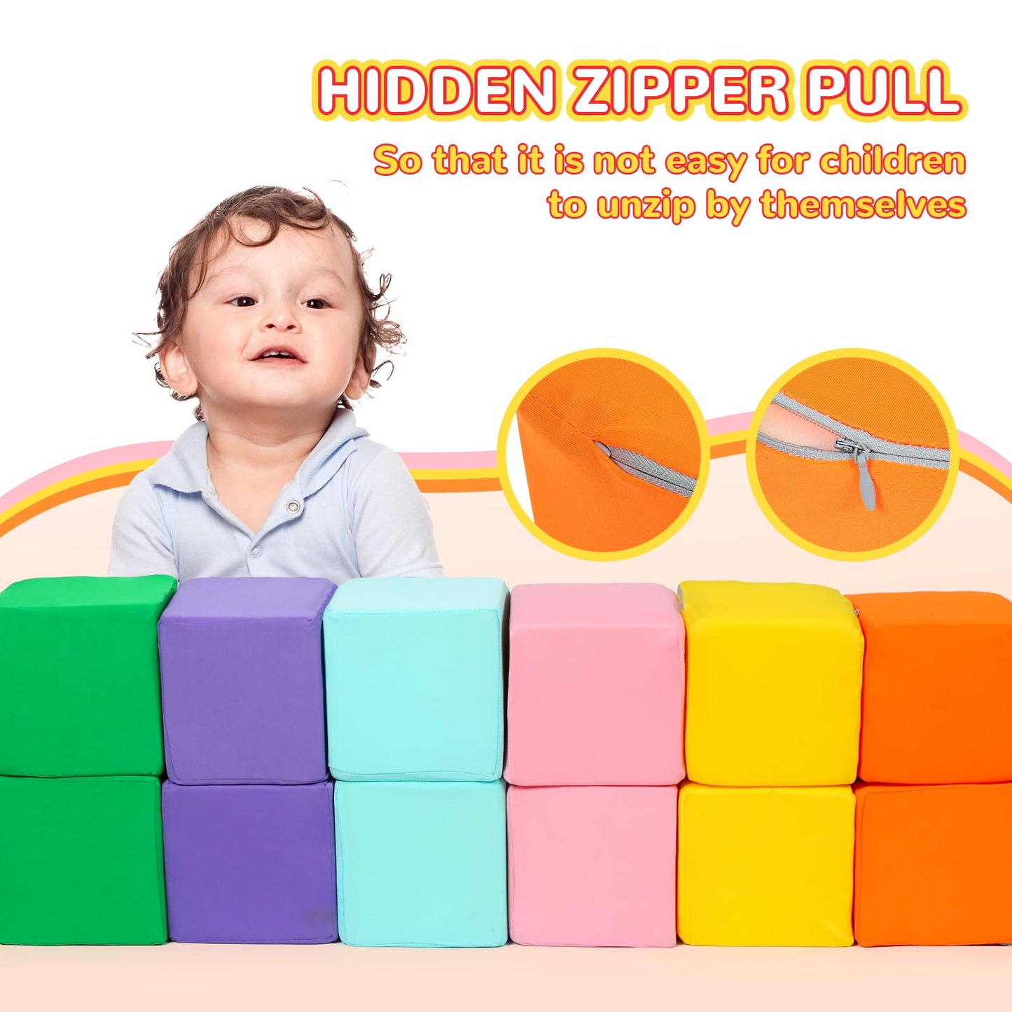 Foam Blocks for Toddlers, 12 PCS Soft Building Blocks for Kids, Large Foam Cubes Colourful Stacking Block Sets - Throw & Play Toys with Washable Cover(Pink, Light Blue, Yellow, Orange, Green, Purple)