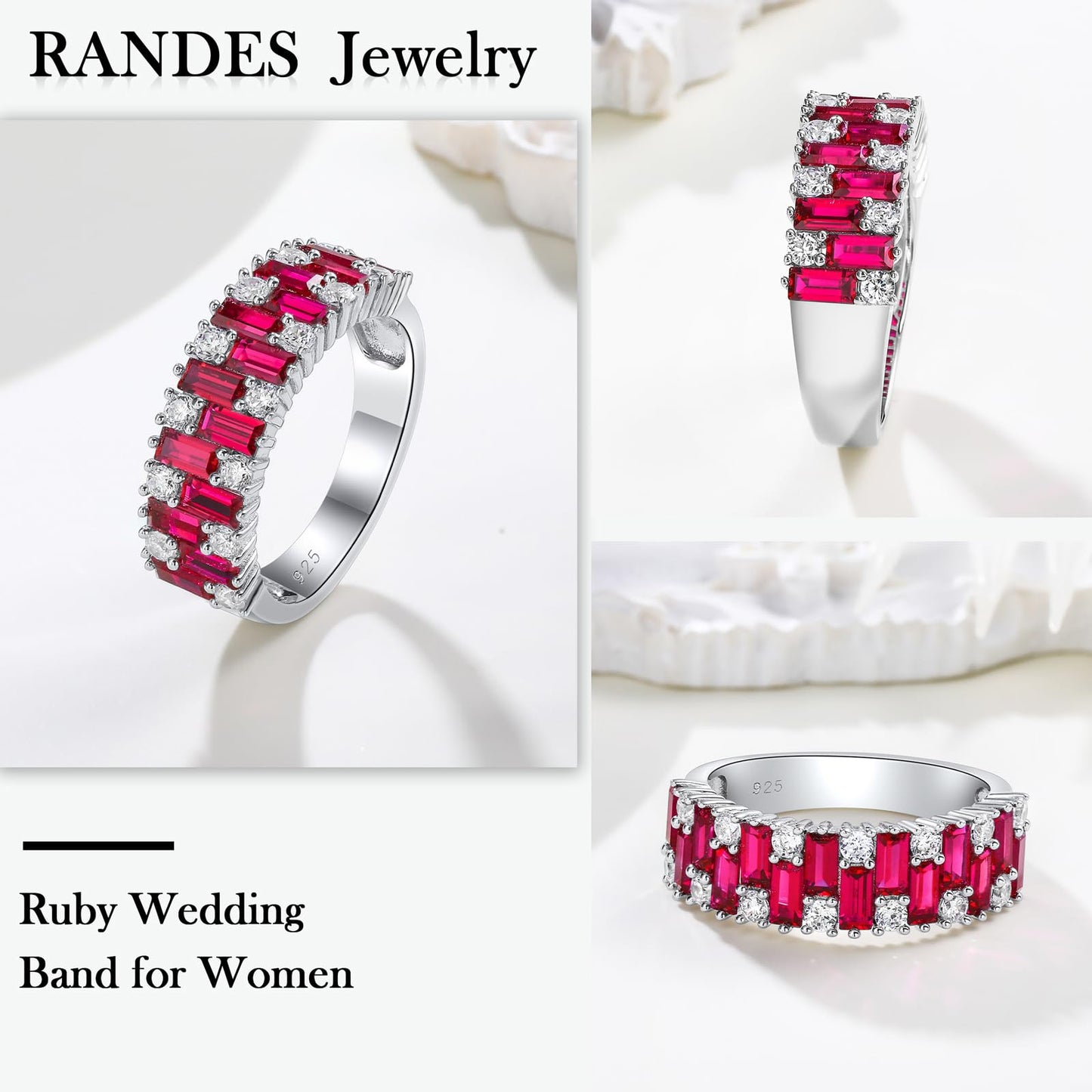 RANDES Ruby Eternity Band 925 Sterling Silver Emerald Cut Wedding Band 3ct Created Red Stone Half Eternity Rings for Women Size 9