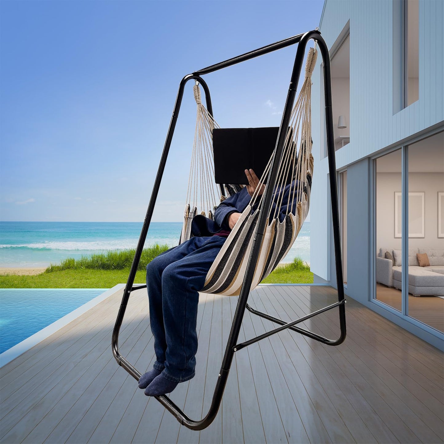 Hammock Chair with Stand,Hammock Chair Stand with Hanging Swing Chair Included,Weather Resistant Hammock Stand Max 450 Lbs,Saving Space Swing Stand for Indoor Outdoor Patio Yard Patented(Coffee)