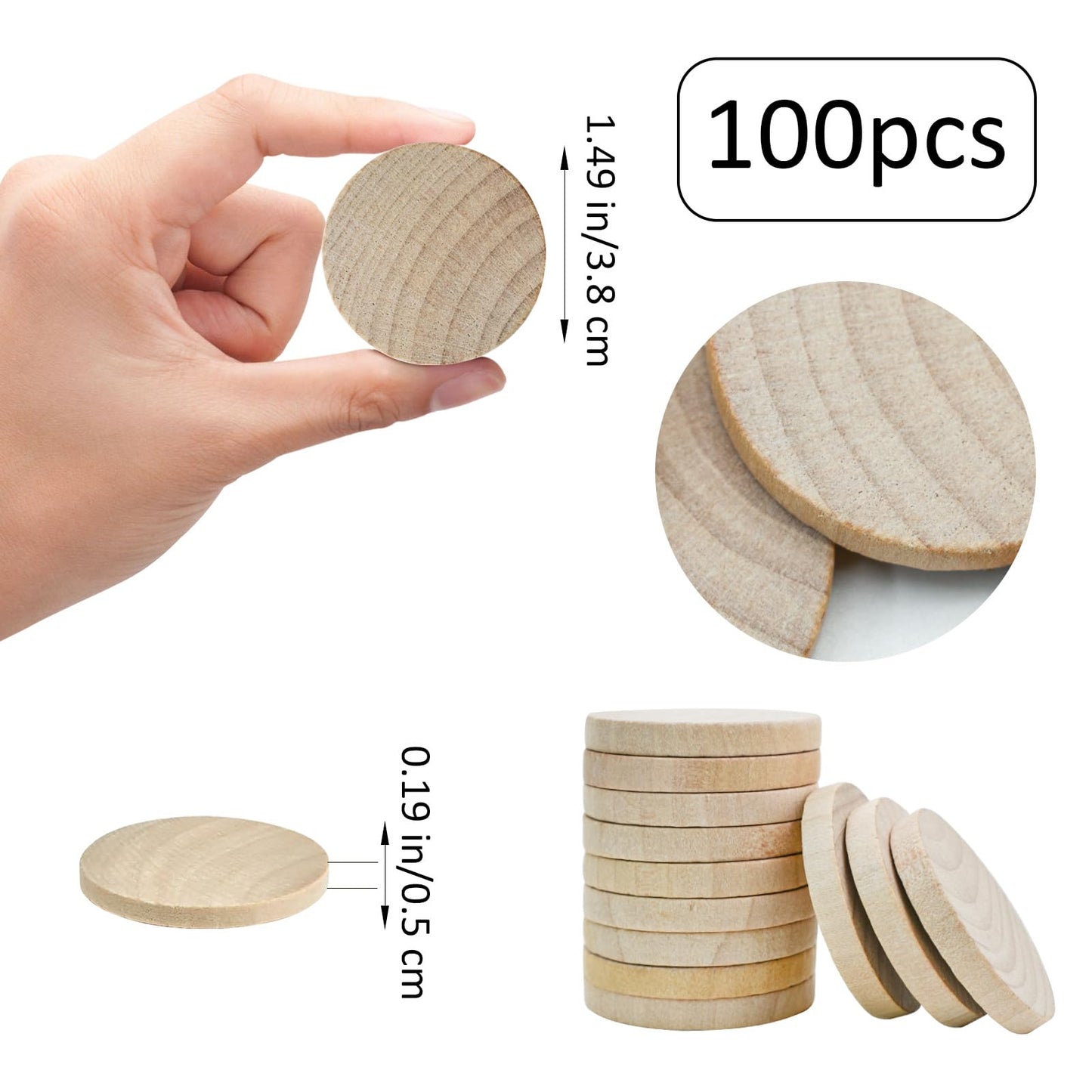 Enkrio 100Pcs Unfinished Wood Slices 1-1/2 inch Round Wooden Coins Wooden Disc Blank for DIY Crafts Art Supplies (1-1/2'' x 13/64'')