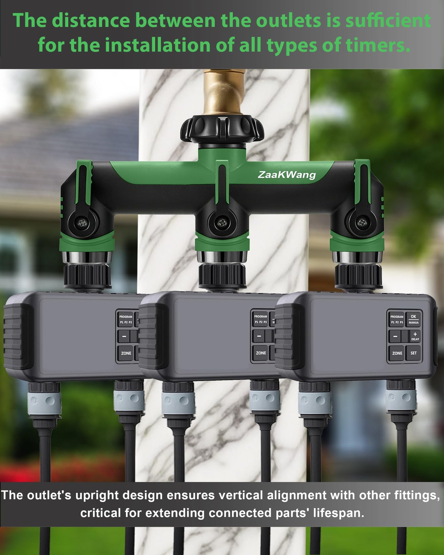 ZaakWang Garden Hose Splitter, 3 Way Hose Splitter, Heavy Duty Water Hose Bib Spigot Splitter, Outdoor Faucet Splitter with Shutoff Valve, T Adapter Connector with 3/4 - Inch GHT Thread (Green)