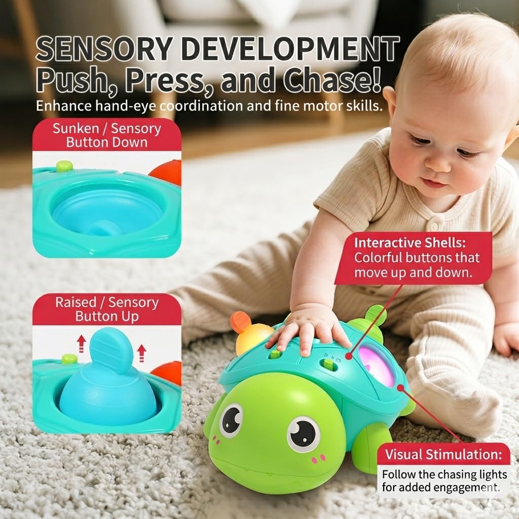 SOSUSHOE 3-in-1 Musical Crawling Turtle Baby Toy - Tummy Time Toy with Smart Obstacle Avoidance, Push-and-Pop Sensory Shell & Sleep Soothing, Baby Infant Toys for 0-12 Months