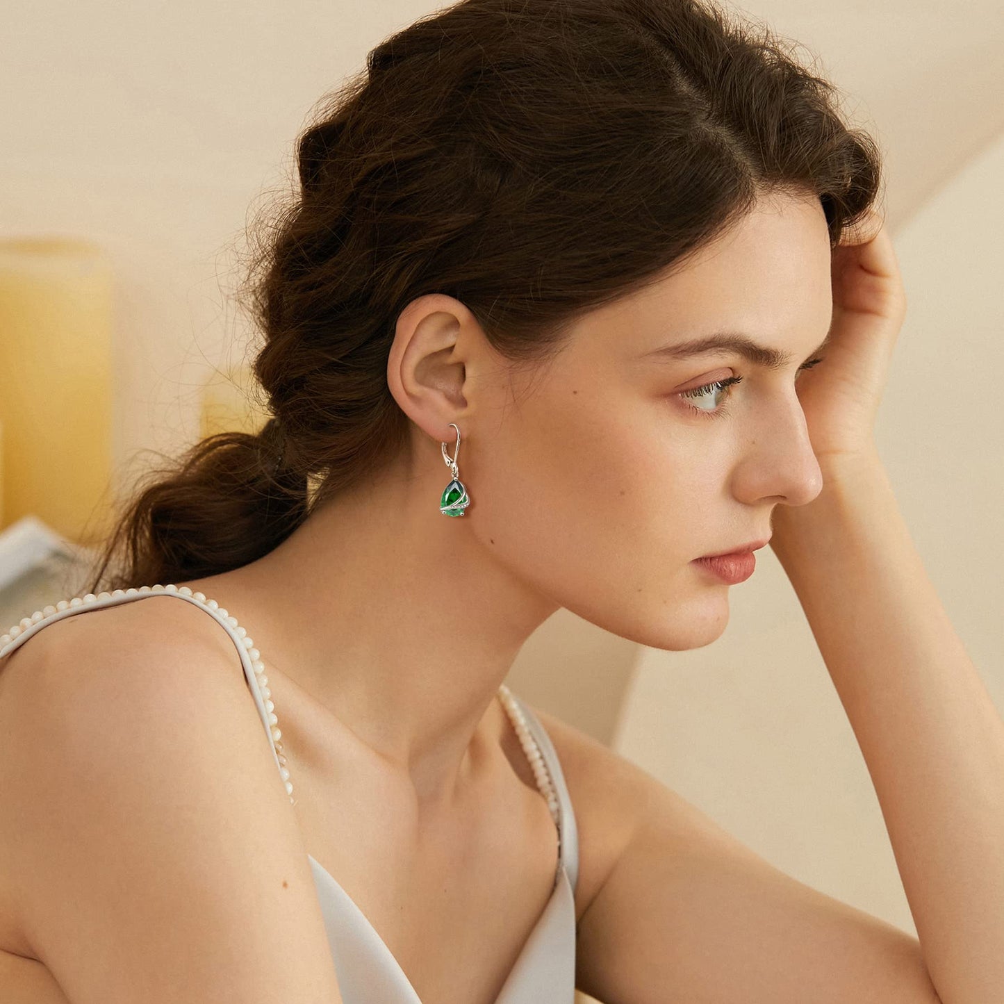 Rocayi Teardrop Emerald Earrings 925 Sterling Silver Dangle Drop Earrings May Birthstone Jewelry for Women