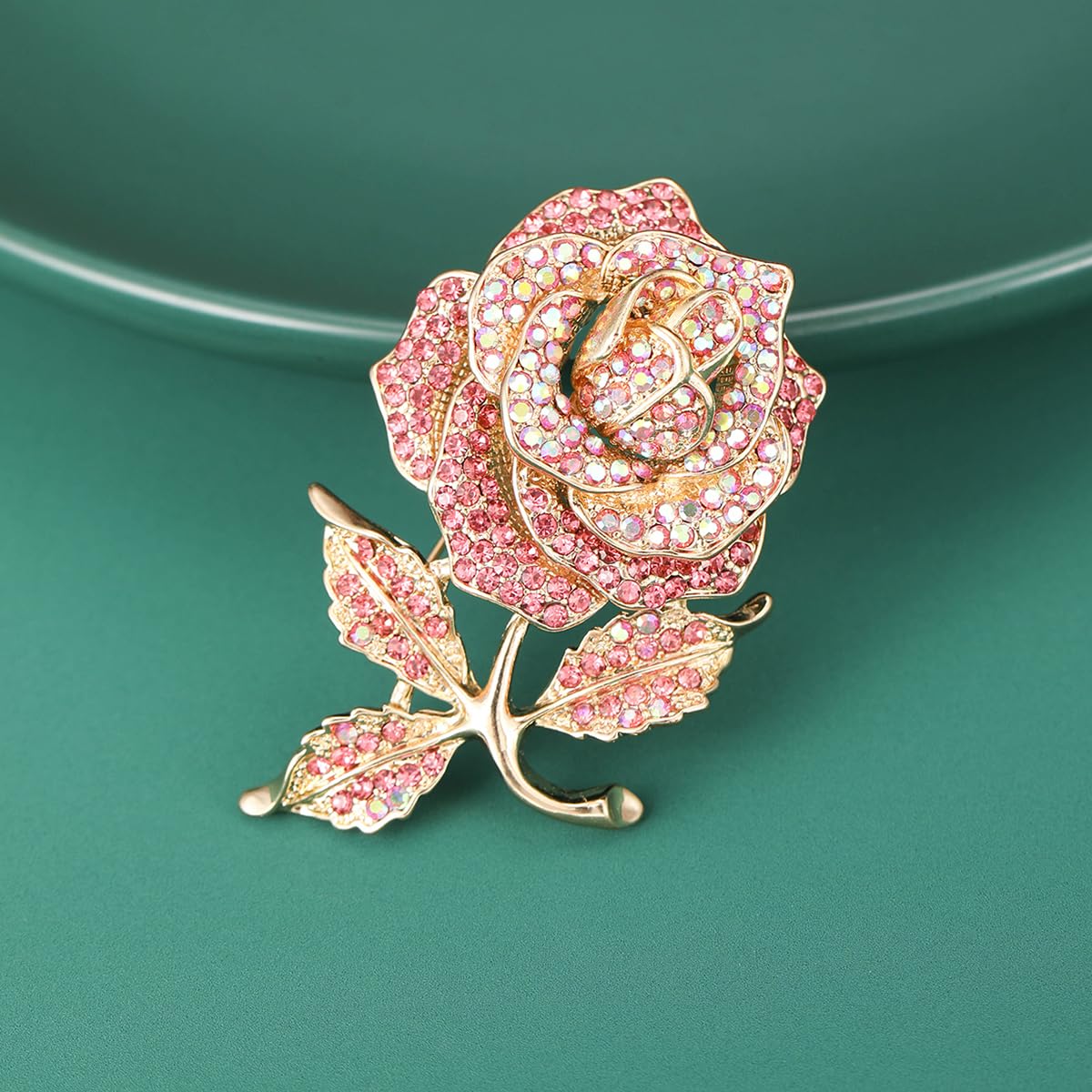 Pink Rose Brooches Pins for Women Girls Gold Flower Valentine Statement Fashion Jewelry