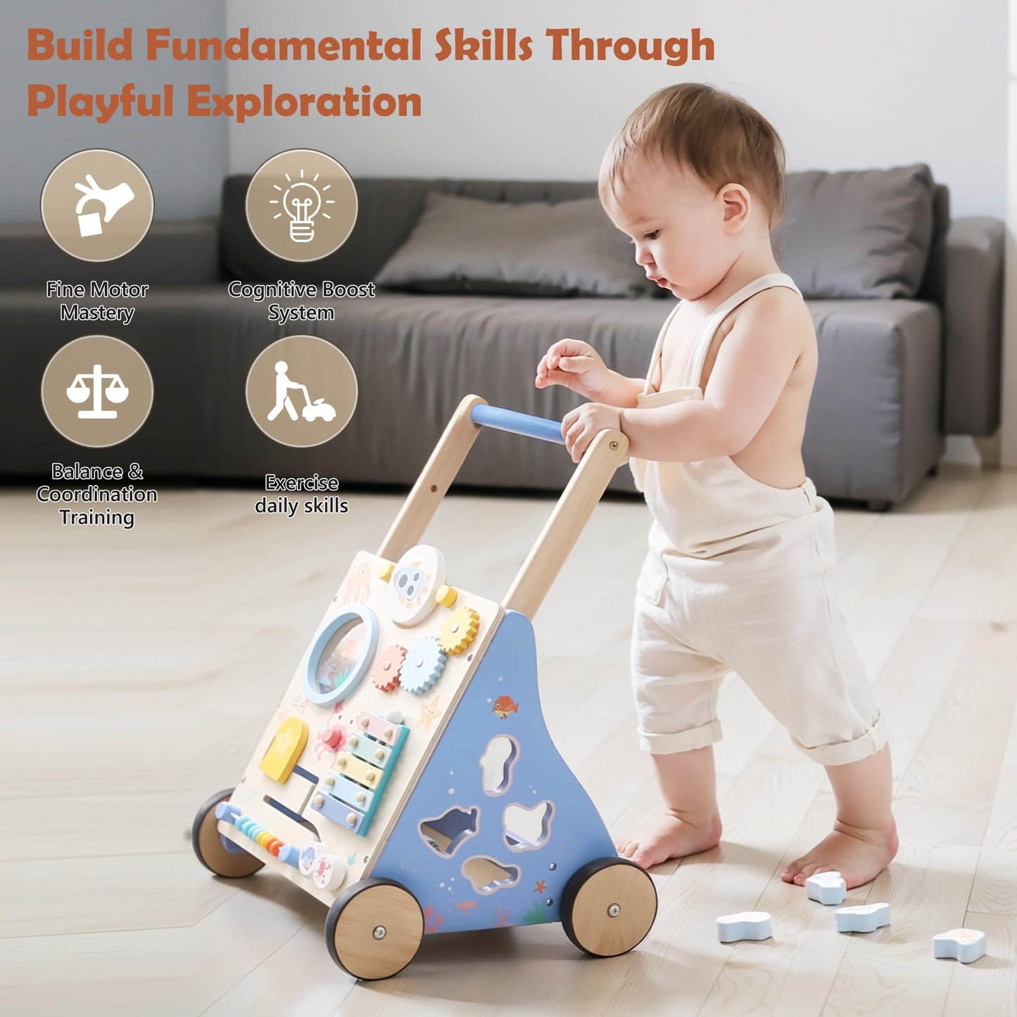 Wooden Baby Walker, Baby Push Walker with Montessori Toy for Girls Boys, Toddler Walking Toys for 18 Months of Age and Over Learning to Walk, Sit-to-Stand, Baby Activity Center for Kids Development
