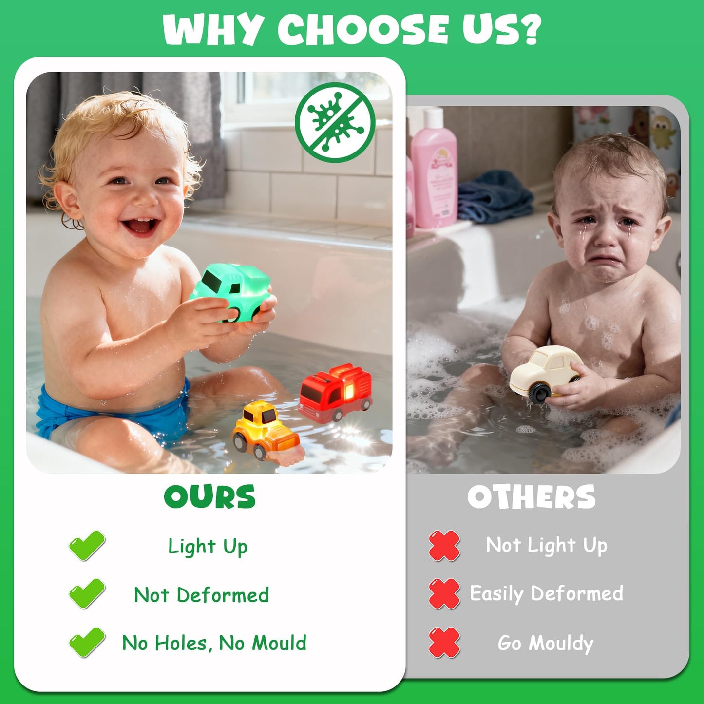 Baby Bath Toys, 6 Pack Light Up Cars Bath Toys, No Hole No Mould Bathtub Toy for 1 2 3 Year Olds, Flashing LED Sensory Toy for Toddlers, Bath Time Shower Gifts for Boys and Girls