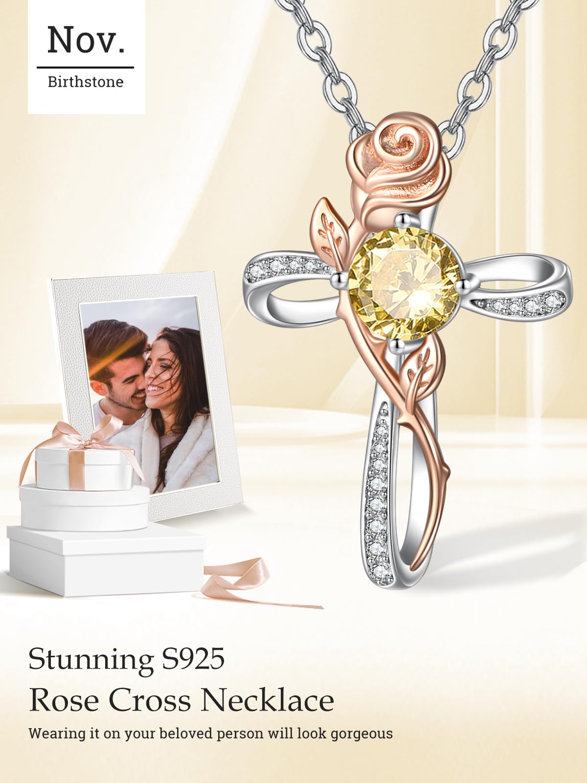 Zeuslia Cross Necklace for Women Sterling Silver Cross Pendant Jewelry with Rose Citrine November Birthstone Necklace Christian Religious Baptism First Communion Confirmation Birthday Gifts for Women