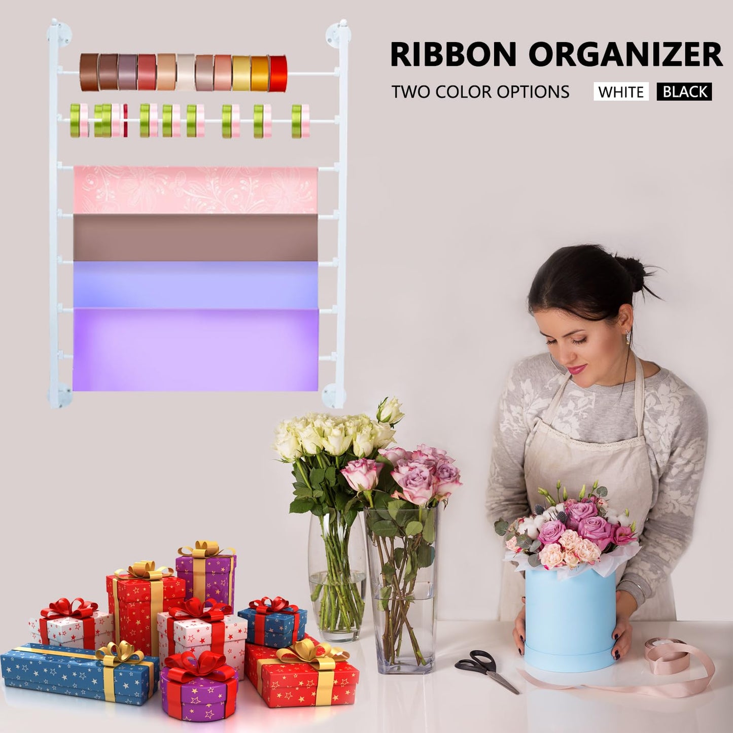 Ribbon Organizer, 7 Tier Wall Mounted Metal Holder ,Holiday/Birthday Gift Wrapping Organizer Storage Ribbon Storage Rack for Craft Cake Shop Flower Store,Tie Scarf Rack Belt Towel Holder(White)