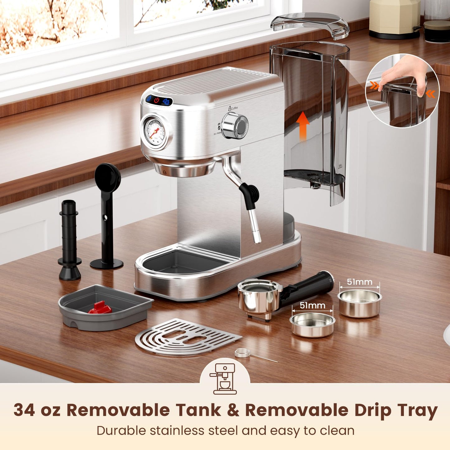 ANYCOLD Espresso Machine 20 Bar, Compact Espresso Maker, Stainless Steel Expresso Coffee Machines with Steam Milk Frother & 34oz Removable Water Tank for Cappuccino, Latte, Home Office Use, Silver