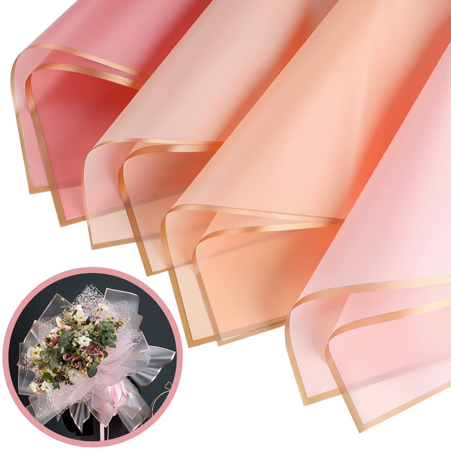 CCINEE 40 Sheets Flower Wrapping Paper, Translucent Gold Edge Waterproof Florist Packaging Paper Gift Box Packaging and 50 Yards Satin Ribbon for Wedding Engagement Bouquet Supplies (Pink Series)