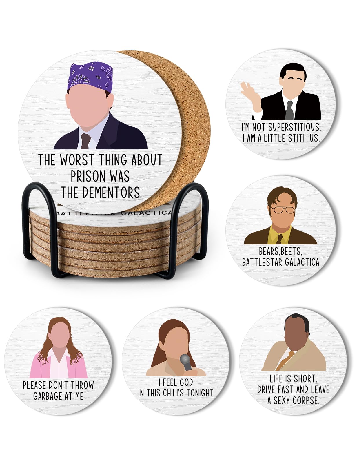 PWHINGN Funny The Office Themed Coasters for Drinks - New Girl Merchandise Coasters Set of 6 with Holder, New Girl Merch TV Show Gifts for Coffee Table, The Office Gifts for Man Women Fans