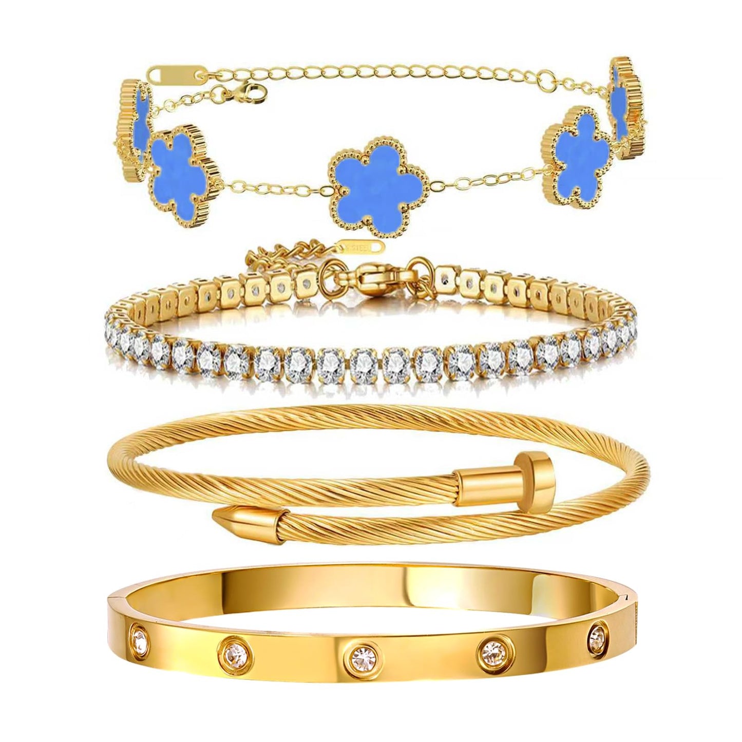 Gold Bracelets for Women, 18K Gold Plated Women Tennis Bracelets Clover Nail Love Bangle Bracelet Set, Gold Bracelet Stackable Set Trendy Jewelry, Gifts for Women's Day and Mother's Day (01-Color-blue)