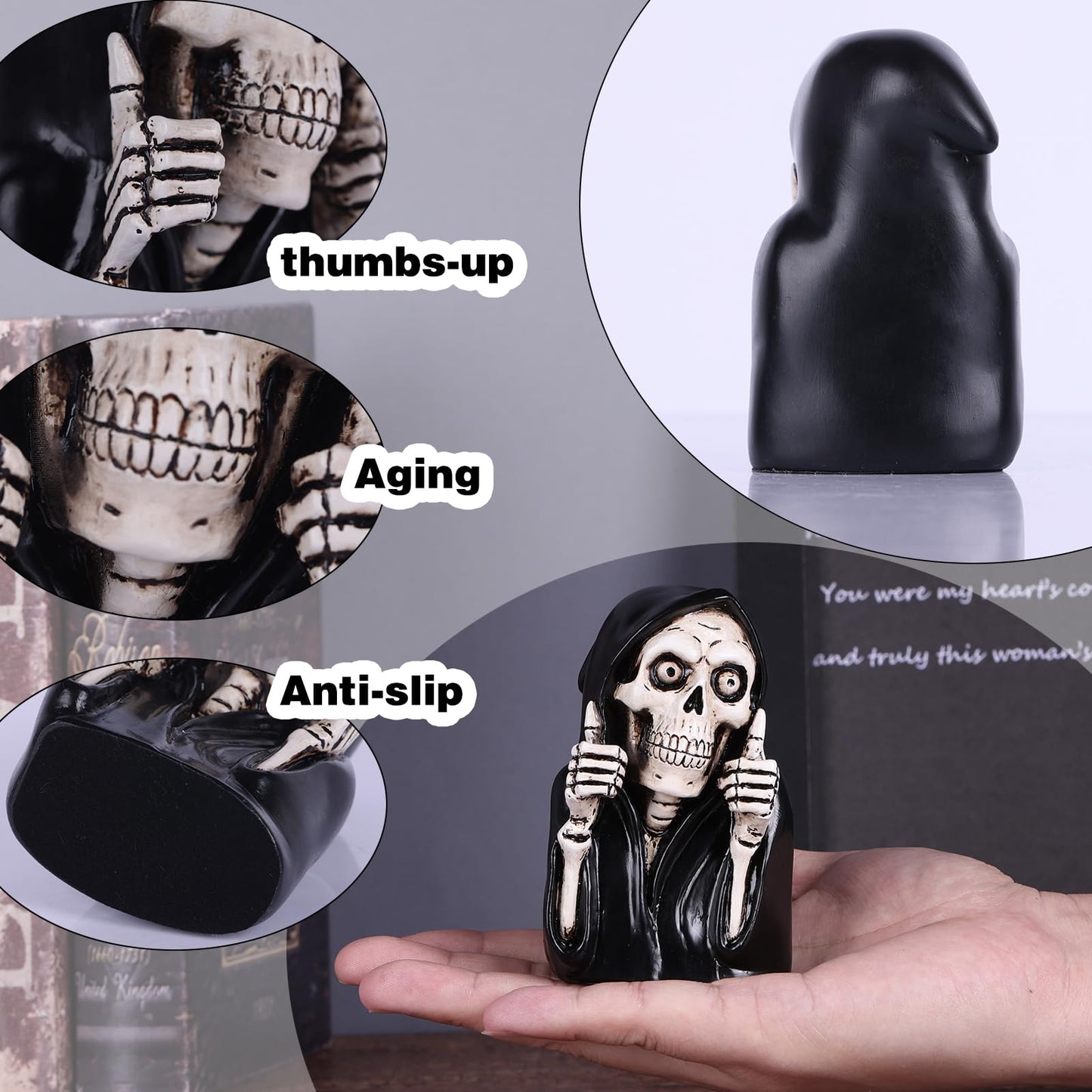 Funny Skeleton Figurine- 3.9inch Gothic Grim Reaper Skeleton Knick Knacks,Thumbs Up Mini Skull Figurines,Resin Punk Halloween Home Decor Statue,Retro Death Figurine Dark Humor Gifts for Women
