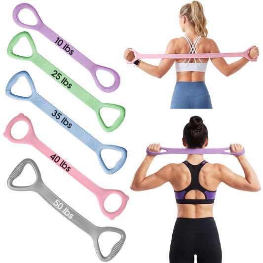 Soulchen 5 Pack Figure 8 Resistance Bands with Handles 10 Lbs-25 Lbs-35 Lbs-40 Lbs-50 Lbs Elastic Bands for for Arm and Shoulder Stretch, Workout for Women Men(Color Scheme 2,Classic)