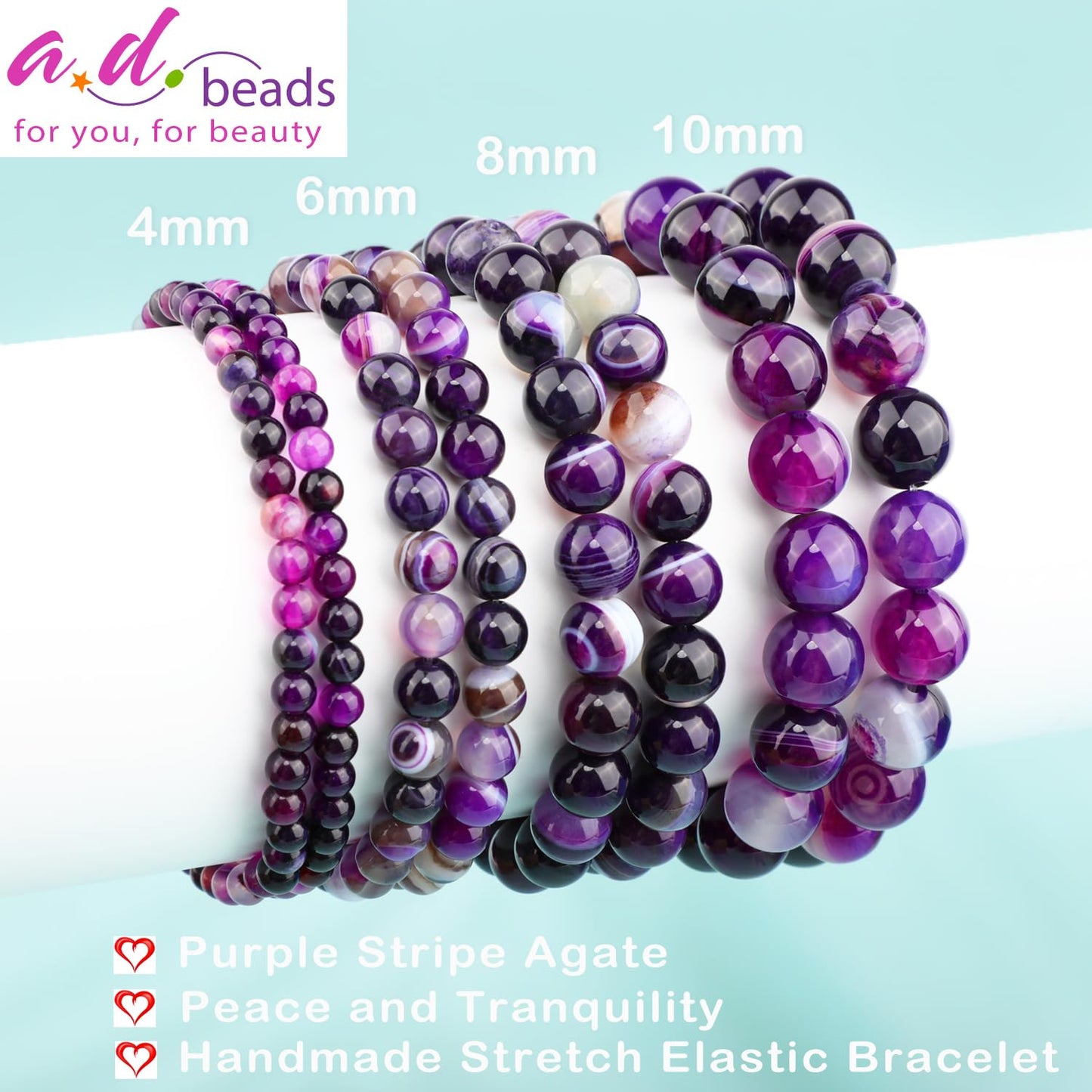 AD Beads 6mm Handmade Purple Stripe Agate Elastic Bracelet – Natural Gemstone for Peace and Tranquility – Meditation, Yoga, Healing and Energy Gift for Men Women