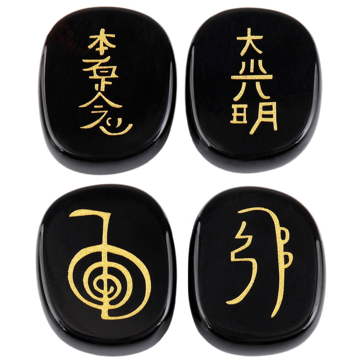 rockcloud Healing Crystal Black Agate 4pcs Engraved Chakra Stones Palm Stone Reiki Balancing