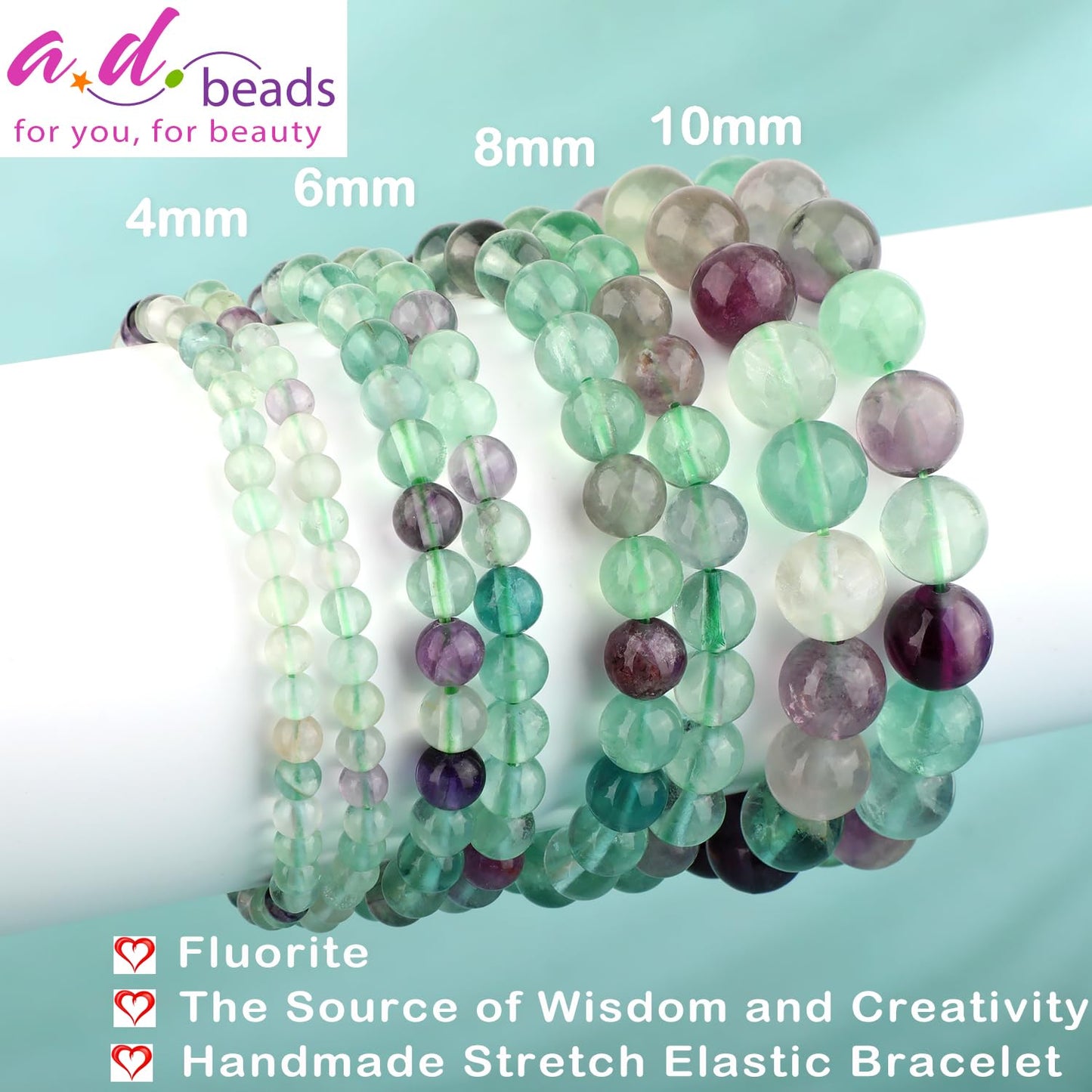 AD Beads 6mm Handmade Fluorite Elastic Bracelet – Natural Gemstone for Is the source of Wisdom and Creativity – Meditation, Yoga, Healing and Energy Gift for Men Women