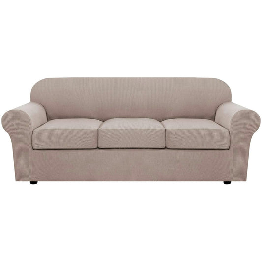 H.VERSAILTEX 4 Piece Stretch Sofa Covers for 3 Cushion Couch Covers for Living Room Slipcovers (Base Cover Plus 3 Seat Cushion Covers) Upgraded Thicker Jacquard Fabric (Sofa, Sand)