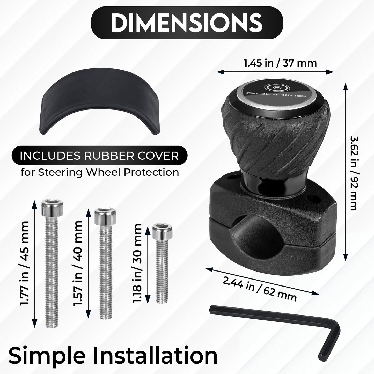 FOURING Universal Steering Wheel Spinner Knob - Smooth Black Finish | Fits Steering Wheels 0.5"-1.75" Diameter | Effortless Spinning for Cars, Trucks, Tractors, Boats, Semi-Trucks, Forklift & More