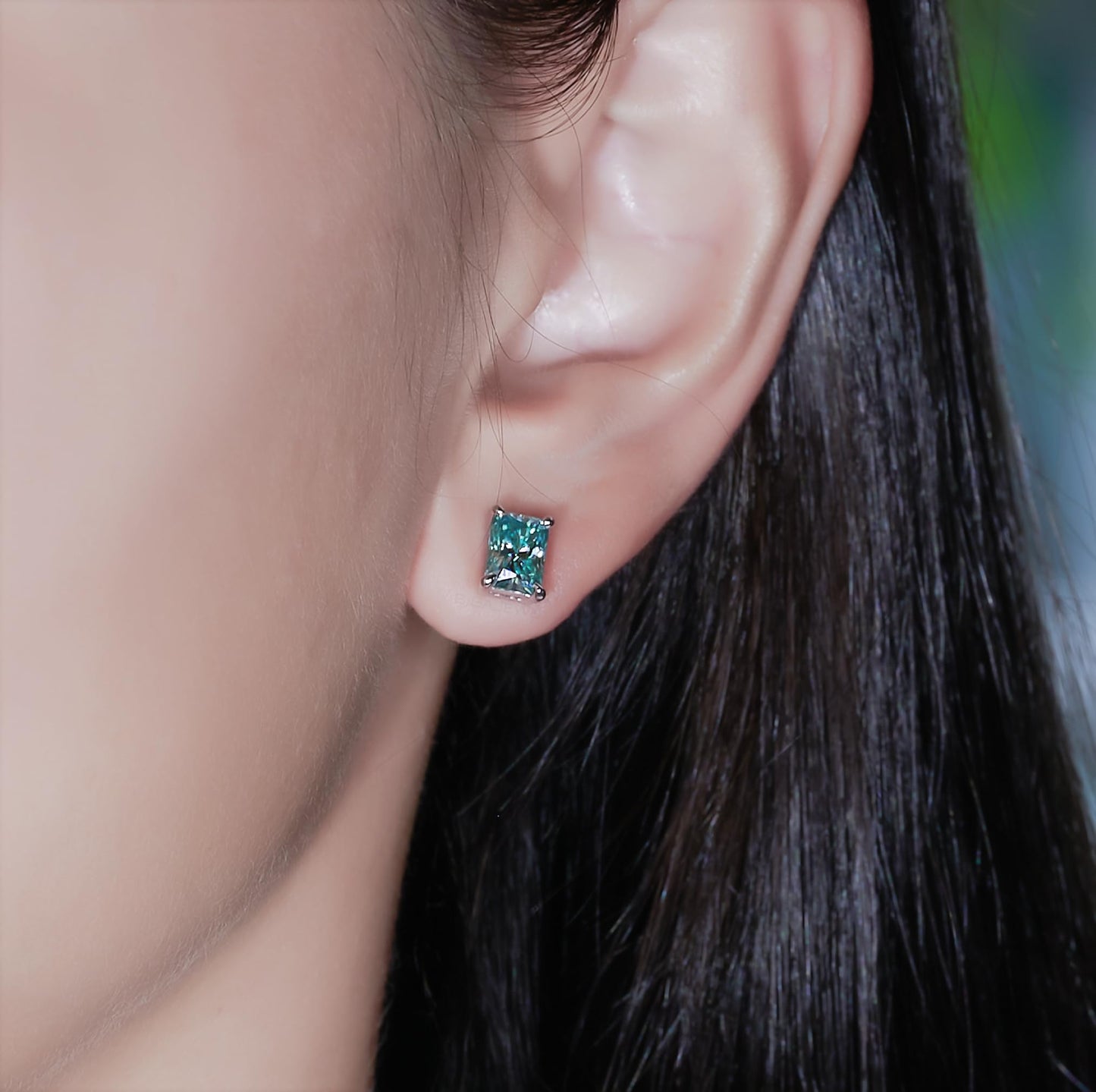 GIGAJEWE Blue Green Color Moissanite Stud Earrings Radiant Cut Moissanite Earrings 2.0ct/pair,18K Gold Plated 925 Steling Silver, Stud Earrings For Women (Cyan)
