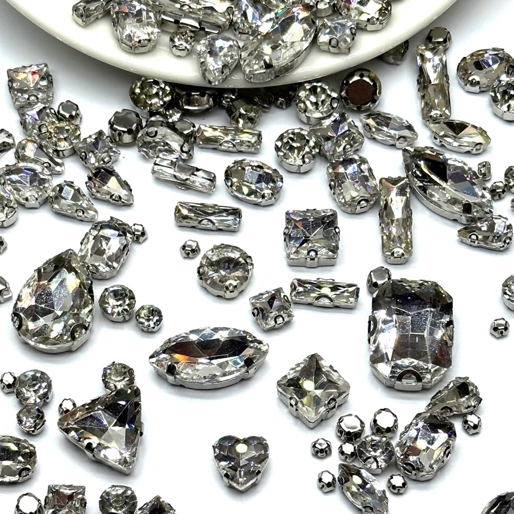 260 PCS/Pack 9 Shapes 24 Sizes Mixed Clear Crystals, Silver Sew on Glass Rhinestones,Crystal Gems Mental Flatback with Silver Claw, for Jewelry Crafts Costume DIY Garment