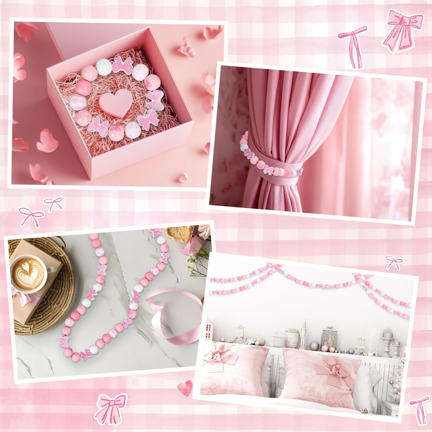 FYSUIMU 200 Pcs Pink Bow Wooden Beads Pink White Round Spot Plaid Craft Bead Cute Bowknot Shaped Wood Focal Beads for Mother's Day Valentine's Day DIY Bracelet Necklace Making Supplies