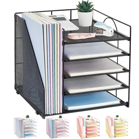 Desk Organizers and Accessories, 5-Tier Paper Letter Tray Organizer with File Holder, Desktop Organizer for Office Supplies (Black)