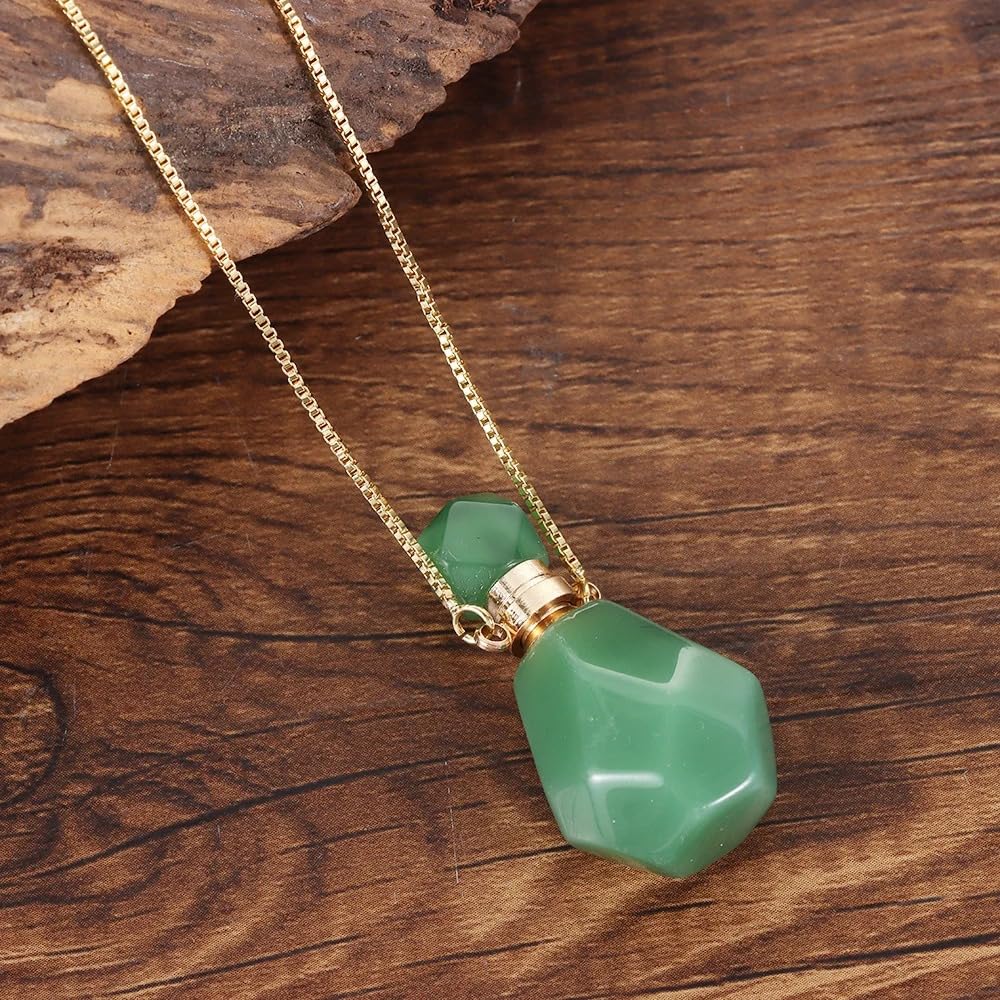 14K Yellow Gold Natural Stone Vial Necklace For Women - Glass Vial Pendant Necklace Water Drop Jar Perfume Necklace - Water Container Vial Necklaces For Liquid Oil Diffuser Vial Jewelry