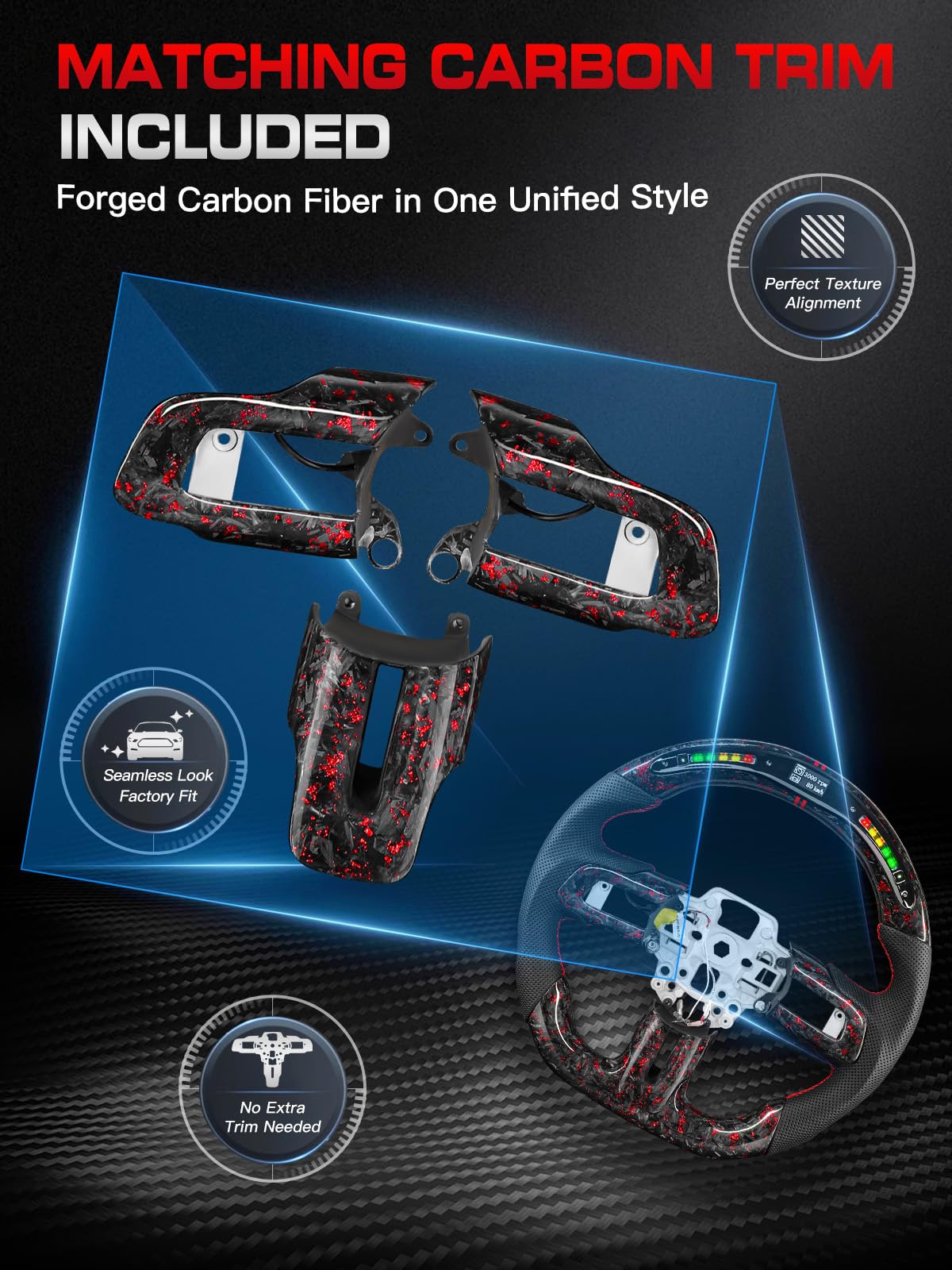 TESFEEL LED Forged Carbon Fiber Steering Wheel for Ford Mustang 2018-2023, Red Flakes, D-Shape Flat Bottom, Nappa Leather with Red Stripe & Stitching, Fits for EcoBoost, GT, GT350 & GT350R